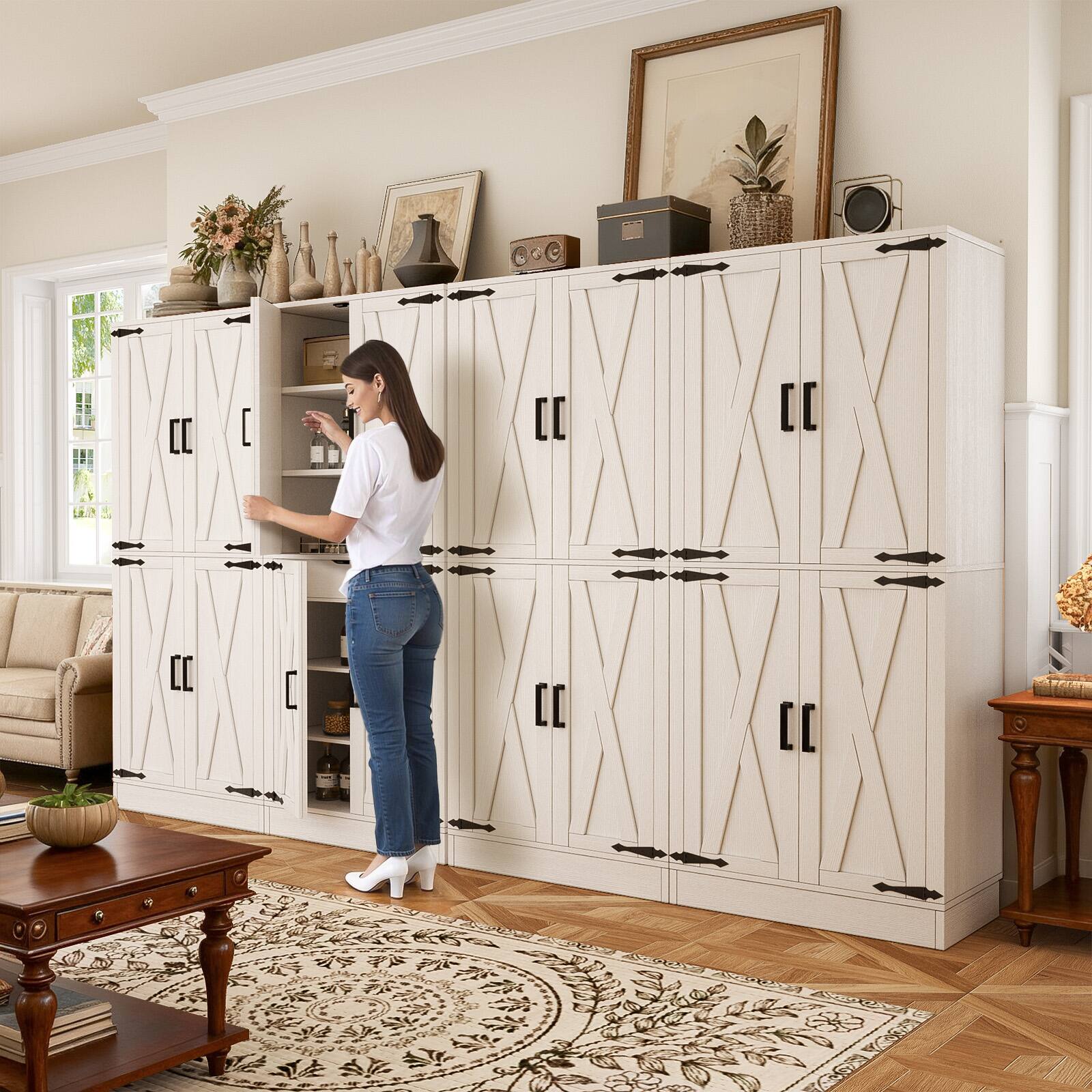 Back. Aheaplus - 71'' Tall Farmhouse Pantry Storage Cabinet with 4 Barn Doors and Drawer, Cupboard with Adjustable Shelves, 2 Piece Set - White.