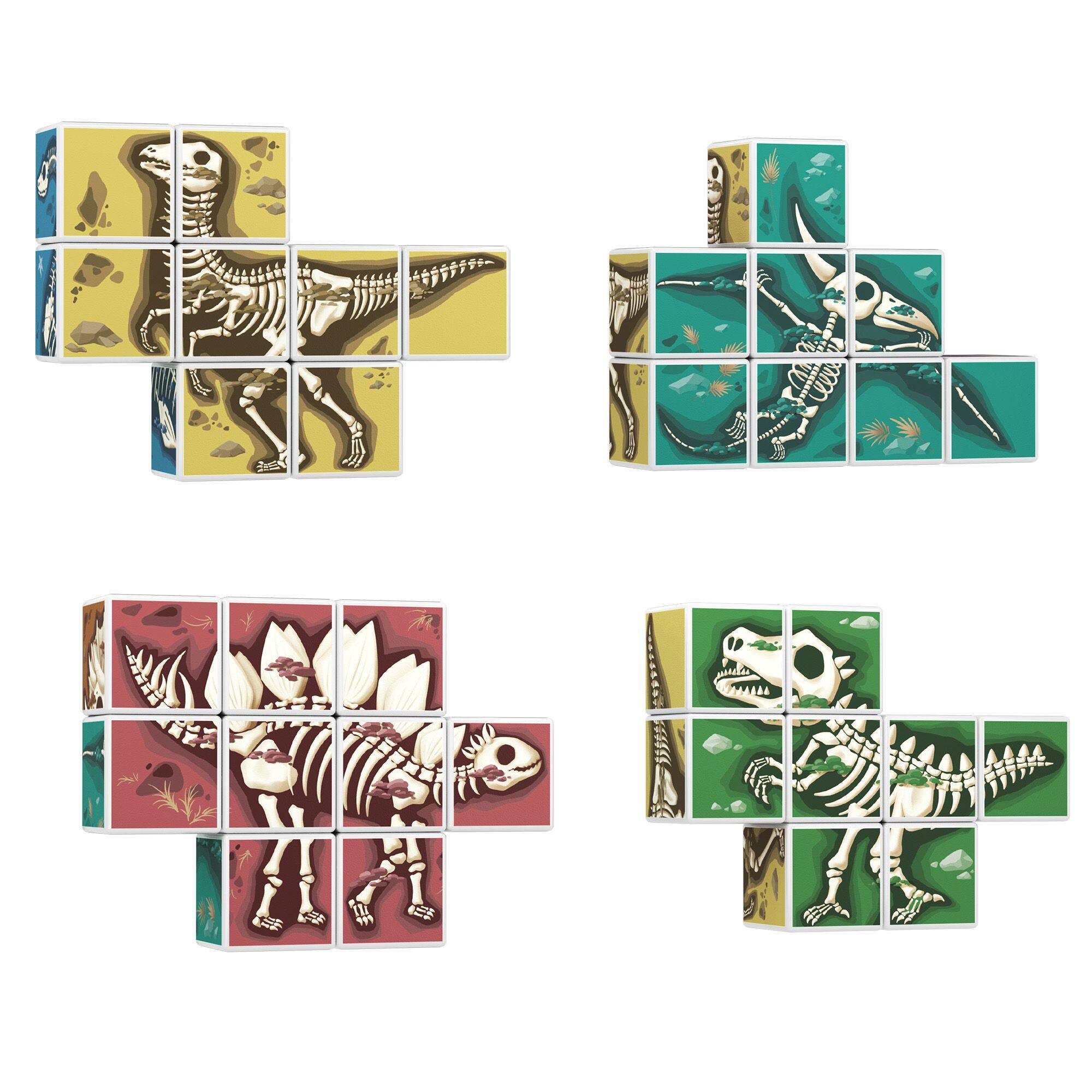 Front. PicassoTiles - PICASSO-TILES 7-in-1 Dinosaur Magnetic Building Cubes Puzzle Set, 9PCS Mix & Match Pattern, Brain Teaser Toy for Kids.