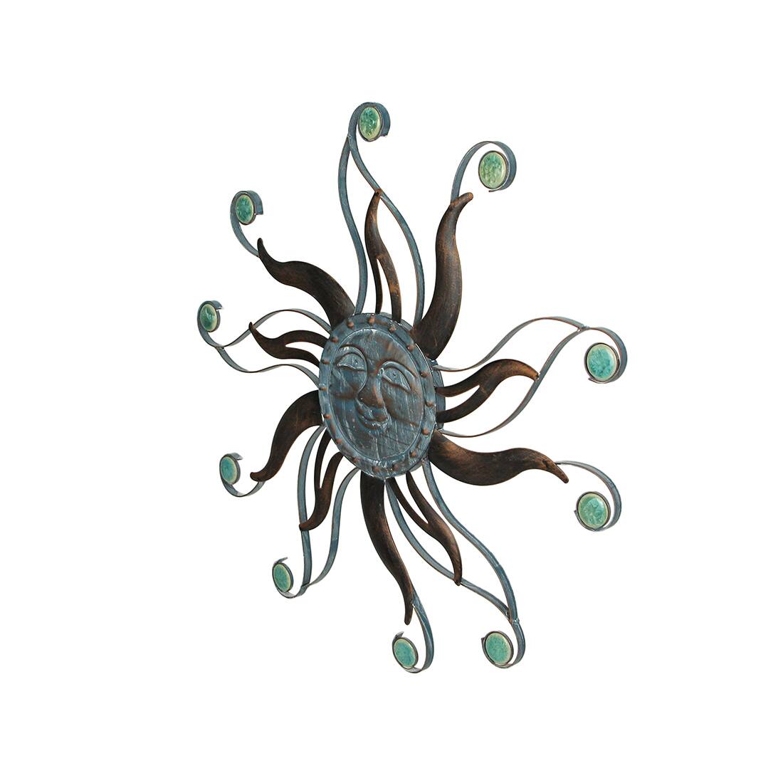 Alt View 2. Zeckos - Antique Copper Finish Metal Sun Face Wall Hanging With Ceramic Bead Accents - Blue.