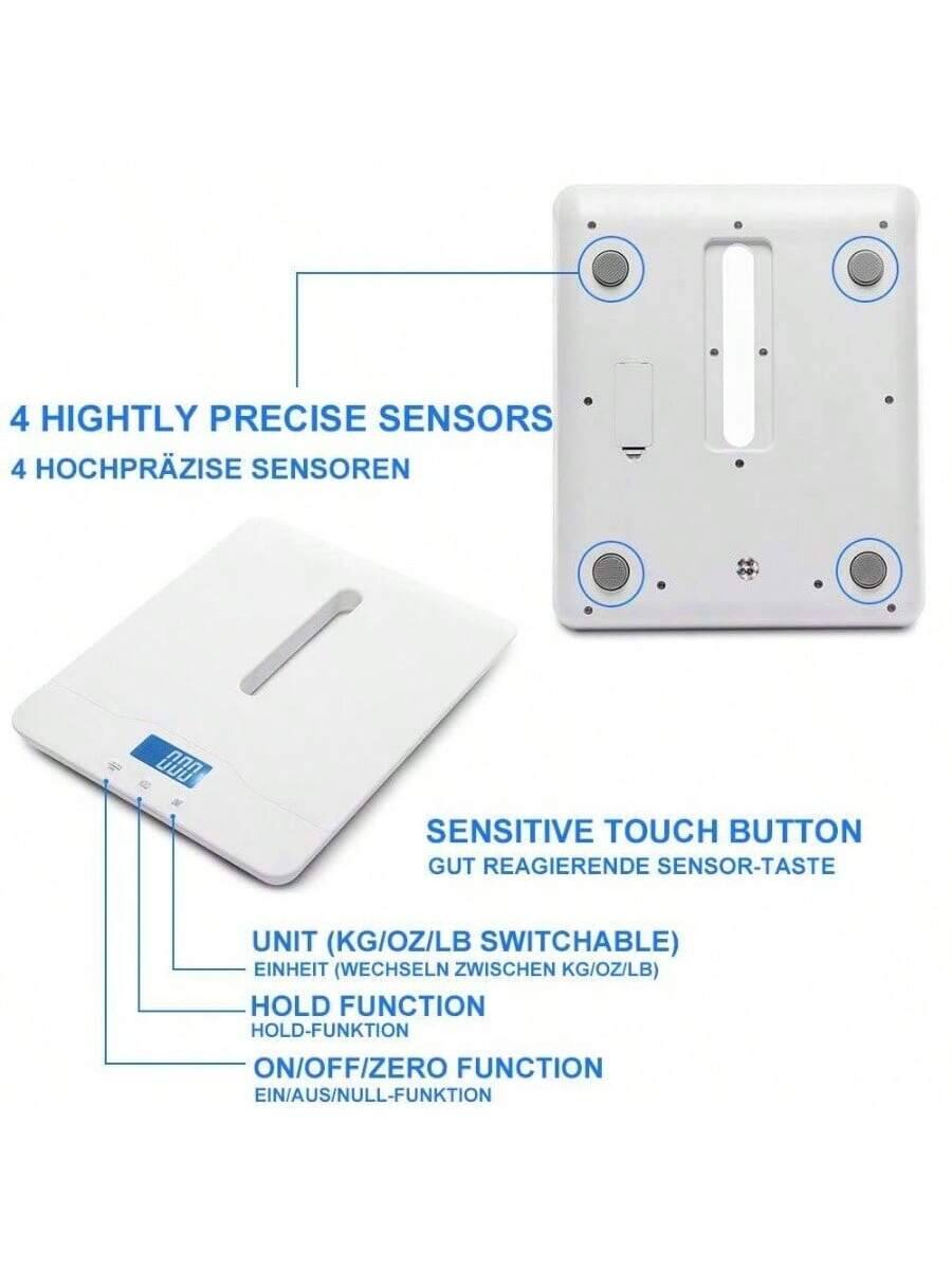 4 HIGHLY PRECISE SENSORS  
4 HOCHPRÄZISE SENSOREN  

SENSITIVE TOUCH BUTTON  
GUT REAGIERENDE SENSOR-TASTE  

UNIT (KG/OZ/LB SWITCHABLE)  
EINHEIT (WECHSELN ZWISCHEN KG/OZ/LB)  

HOLD FUNCTION  
HOLD-FUNKTION  

ON/OFF/ZERO FUNCTION  
EIN/AUS/NULL-FUNKTION