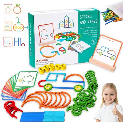 **STICKS AND RINGS**
Learn About Shapes and Colors
- 120 Sticks and Rings
- 20 Double-sided Cards
- 1 Wooden Base
- 1 Pouch
Difficulty: 36+ M
**WARNING:**
CHOKING HAZARD - Small parts. Not for children under 3 years.