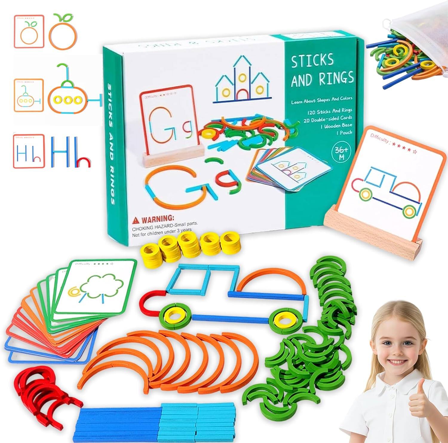 **STICKS AND RINGS**

Learn About Shapes and Colors

- 120 Sticks and Rings
- 20 Double-sided Cards
- 1 Wooden Base
- 1 Pouch

Difficulty: 36+ M

**WARNING:**
CHOKING HAZARD - Small parts. Not for children under 3 years.