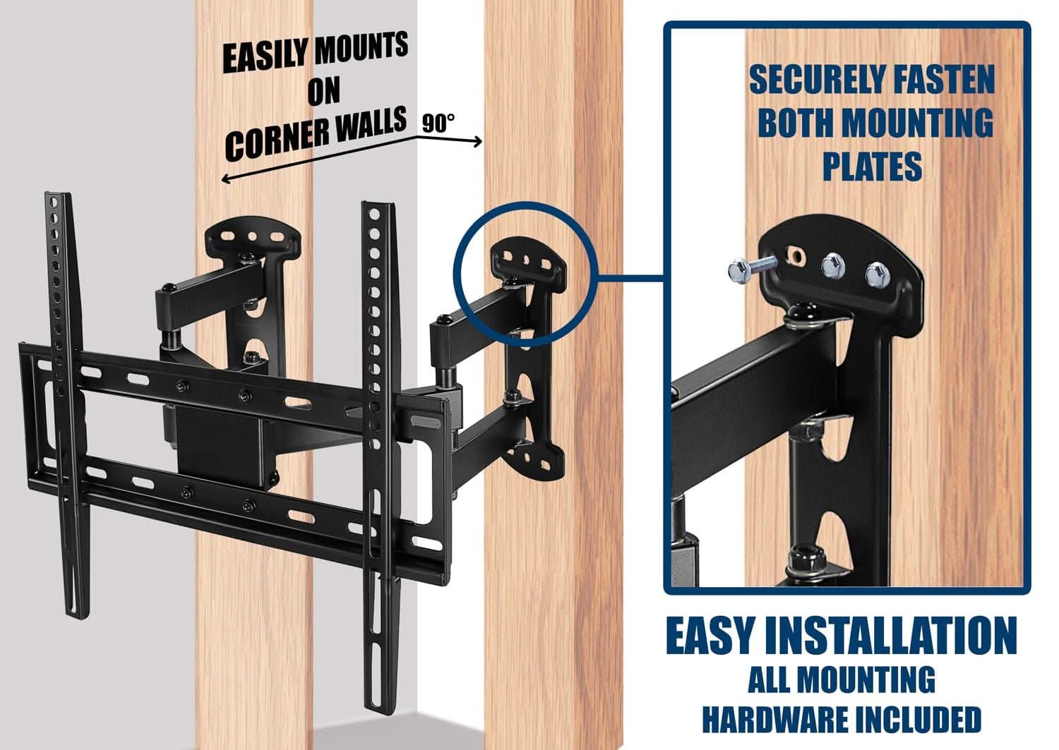 Easily mounts on walls 90° corner securely fasten both mounting plates easy installation all mounting hardware included