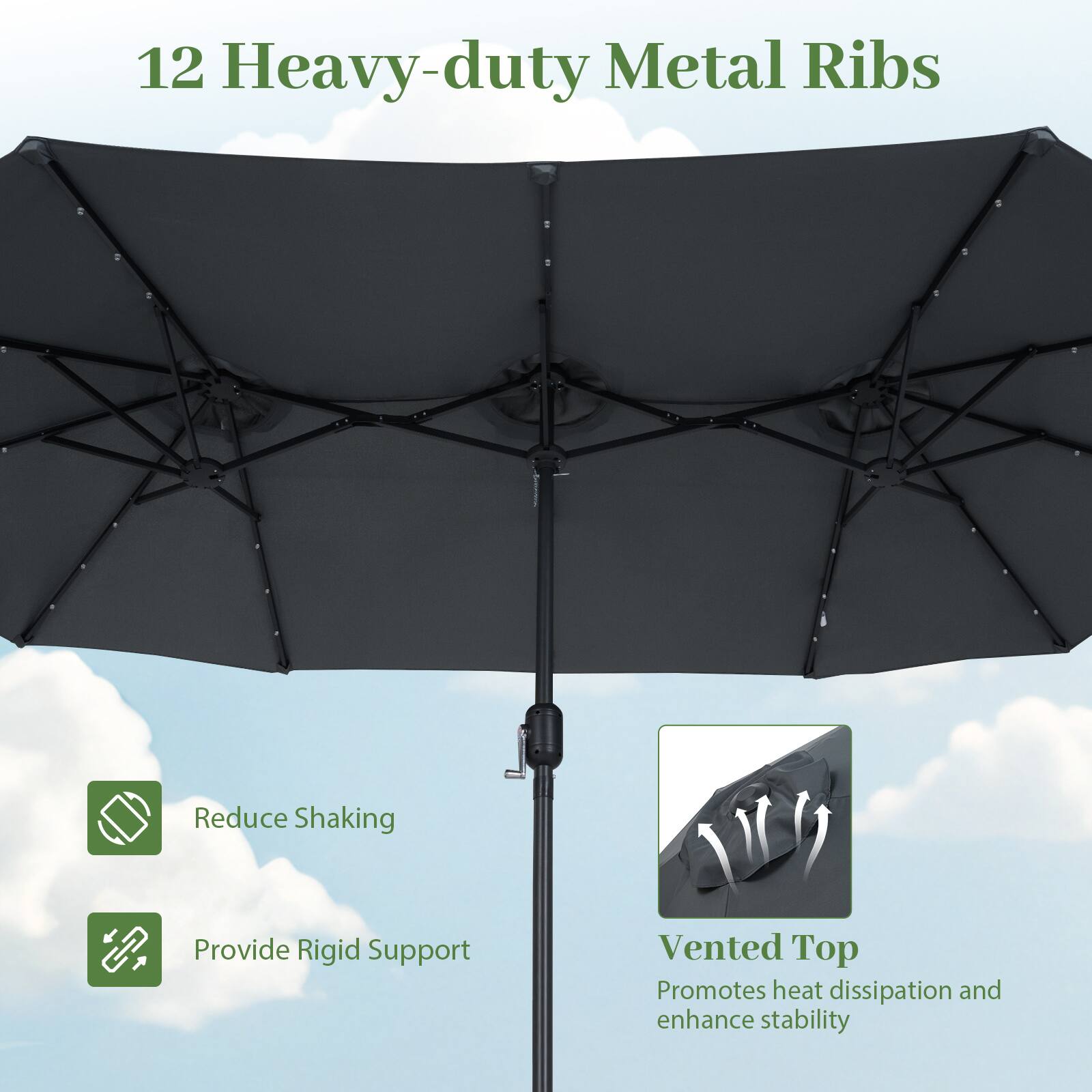 12 Heavy-duty Metal Ribs  
Reduce Shaking  
Provide Rigid Support  

Vented Top  
Promotes heat dissipation and enhance stability