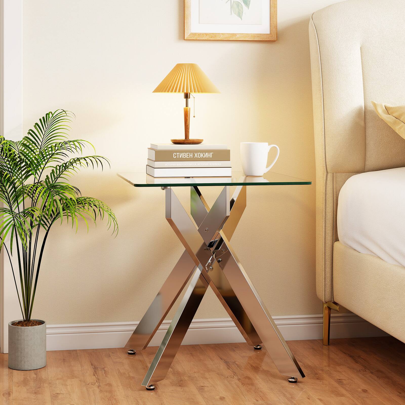 Alt View 3. Gymax - Gymax 2PCS Glass Side Table Square End Table w/Tempered Glass Top & Metal X Base - Silver.