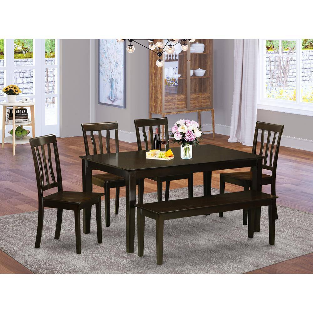Back. East West Furniture - 6 PC Dining Table with bench set-Dining Table and 4 Kitchen Chairs and Bench - Cappuccino.