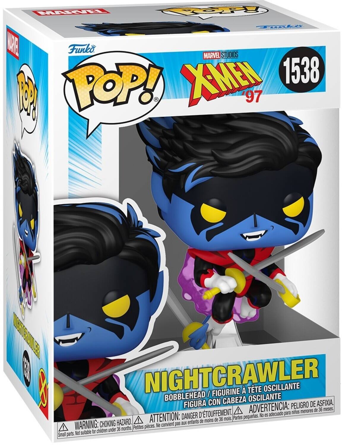 Sure, here is the corrected and grouped text from the image:

---

**MARVEL STUDIOS**  
**X-MEN '97**

**Funko**  
**POP!**

**1538**

**NIGHTCRAWLER**  
**BOBBLEHEAD / FIGURINE À TÊTE OSCILLANTE**  
**FIGURA CON CABEZA OSCILANTE**

**WARNING: CHOKING HAZARD.**  
**ATTENTION: DANGER D'ÉTOUFFEMENT.**  
**ADVERTENCIA: PELIGRO DE ASFIXIA.**  
**Not suitable for children under 36 months.**  
**Ne convient pas aux enfants de moins de 36 mois.**  
**No es adecuado para niños menores de 36 meses.**

**Small parts.**  
**Petites pièces.**  
**Partes pequeñas.**

---

This text is organized to reflect the information on the packaging, including the brand, series, character, and safety warnings.