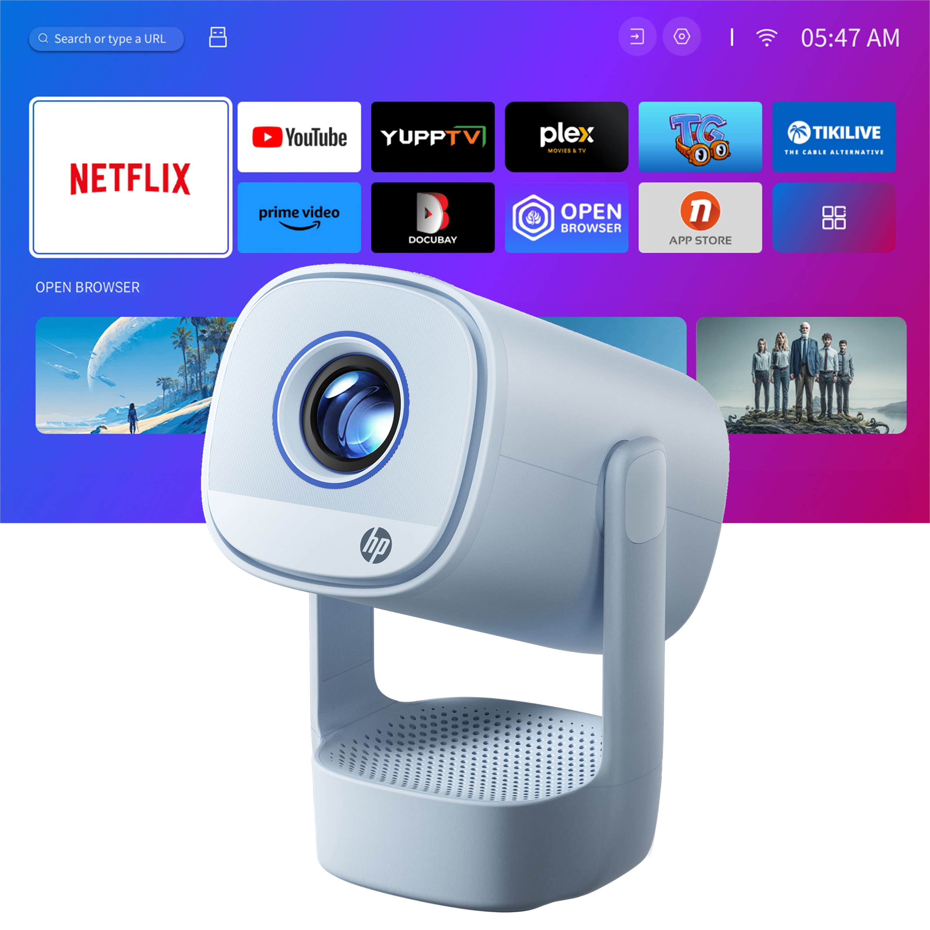 HP - Mini Smart Projector with Built-in Netflix App, Upgraded Sound Base, HDR10, 180° Stand, Auto Keystone, Wi-Fi & Bluetooth - Sky Blue