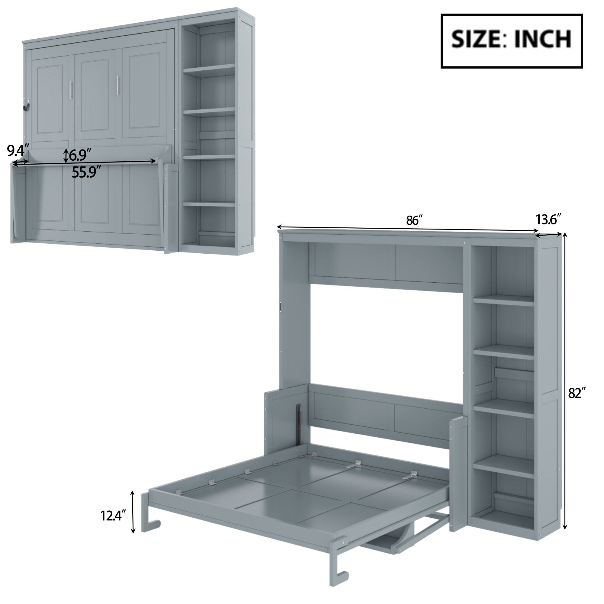 SIZE: INCH  
9.4" x 6.9" x 55.9"  
86" x 13.6" x 82"  
12.4"