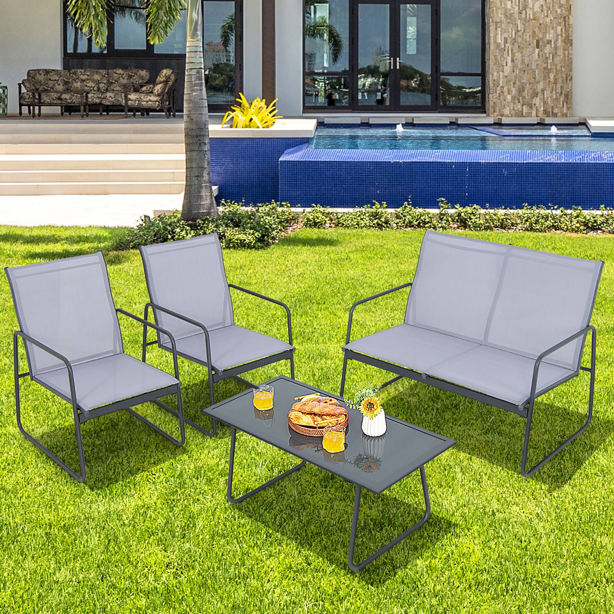 Alt View 3. Costway - Costway 4-Piece Metal Patio Furniture Chat Set Outdoor Conversation Table Garden - Grey,Black.