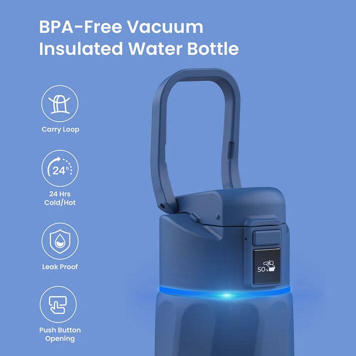 BPA-Free Vacuum Insulated Water Bottle, Carry Loop, 24 Hrs Cold/Hot, Leak Proof, Push Button Opening