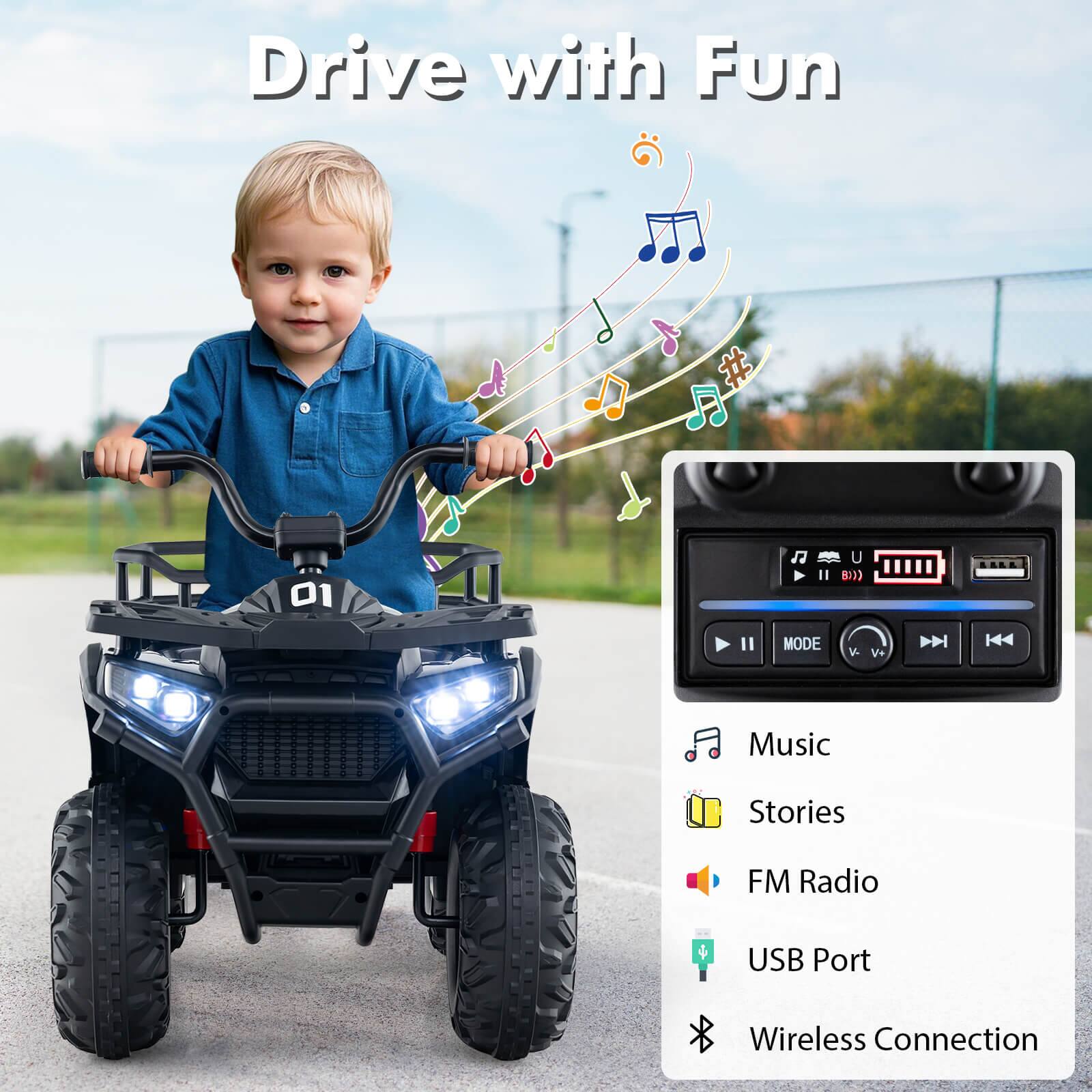 Drive with Fun

- Music
- Stories
- FM Radio
- USB Port
- Wireless Connection