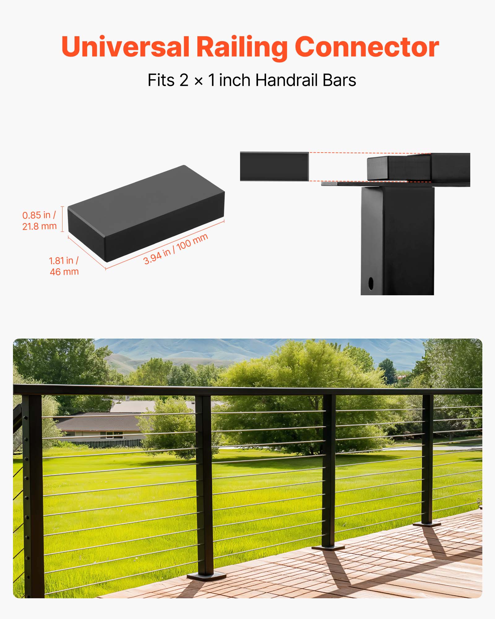 Universal Railing Connector  
Fits 2 x 1 inch Handrail Bars  

0.85 in / 21.8 mm  
1.81 in / 46 mm  
3.94 in / 100 mm