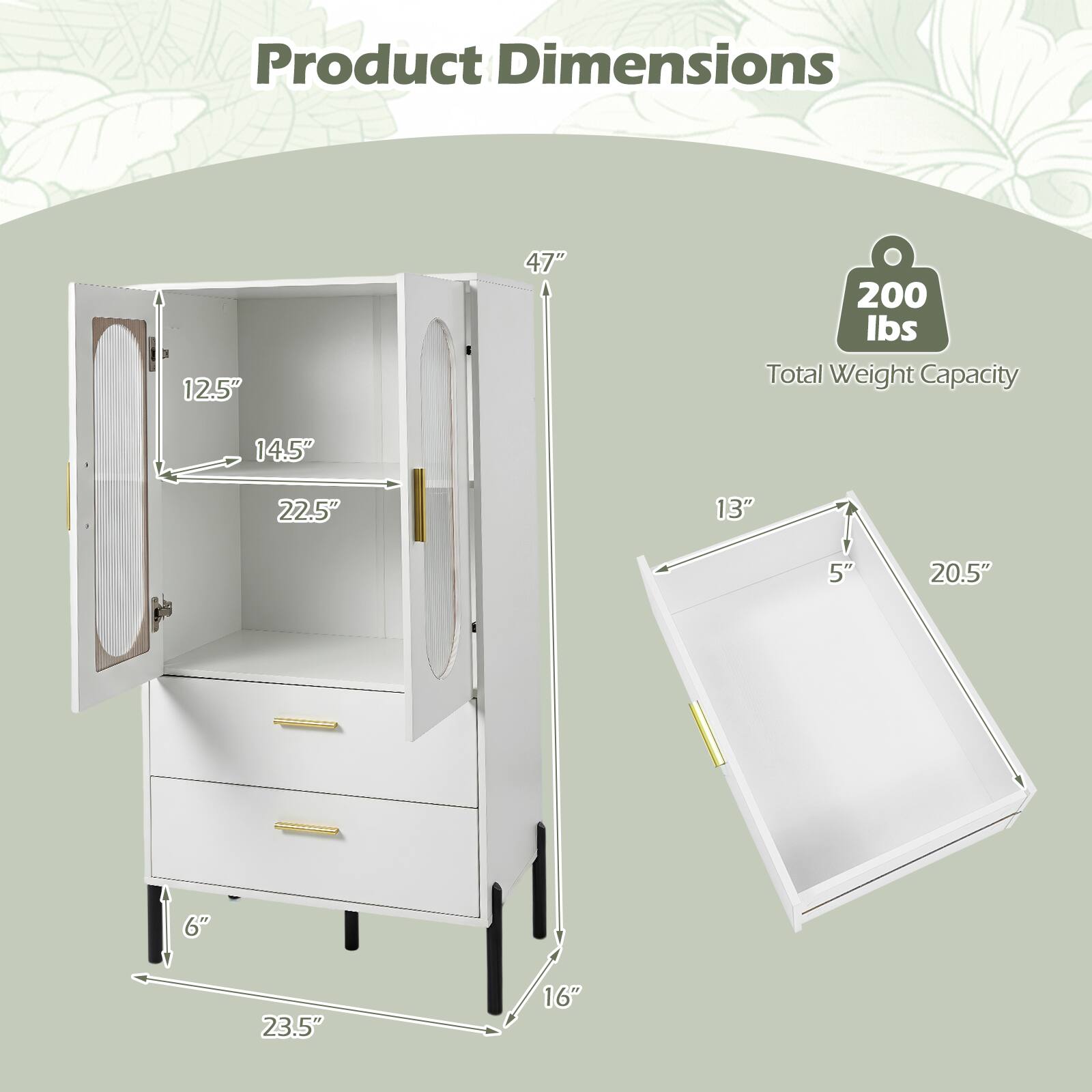 Product Dimensions: 12.5" x 47" x 200 lbs  
Total Weight Capacity: 14.5" x 22.5" x 13" x 5" x 20.5" x 6" x 23.5" x 16"