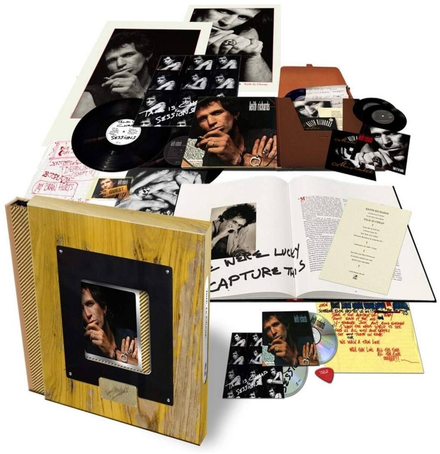 Sure, here is the corrected and grouped text from the image:

**Vinyl Record:**
- "13 Sessions"
- "Session 13"
- "Talk to Me"
- "Guest"
- "My Brown Hurts"

**Booklet:**
- "We're Lucky to Capture This"
- "13 Sessions"
- "Talk to Me"
- "Guest"

**Postcard:**
- "Keith Richards"
- "Talk to Me"
- "Session 13"

**Envelope:**
- "Keith Richards"
- "Talk to Me"
- "Session 13"

**CD:**
- "13 Sessions"
- "Talk to Me"
- "Session 13"

**Other Text:**
- "We're Lucky to Capture This"
- "Keith Richards"
- "Talk to Me"
- "Session 13"