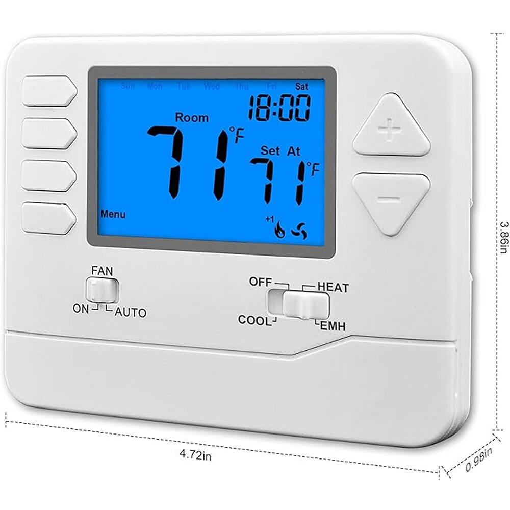 Sure, here is the corrected and grouped text from the image:

- **Room:** 71°F
- **Set At:** 71°F
- **Time:** 18:00
- **Menu**
- **FAN:** ON - AUTO
- **OFF - HEAT - COOL - EMH**
- **Dimensions:** 3.86in x 4.72in x 0.98in