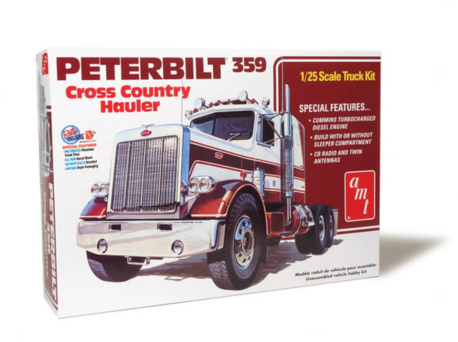 PETERBILT 359 Cross Country Hauler  
1/25 Scale Truck Kit  

SPECIAL FEATURES...  
- CUMMINS TURBOCHARGED DIESEL ENGINE  
- BUILD WITH OR WITHOUT SLEEPER COMPARTMENT  
- CB RADIO AND TWIN ANTENNAS  

Modelle réduit de véhicule pour assembler  
Unassembled vehicle hobby kit