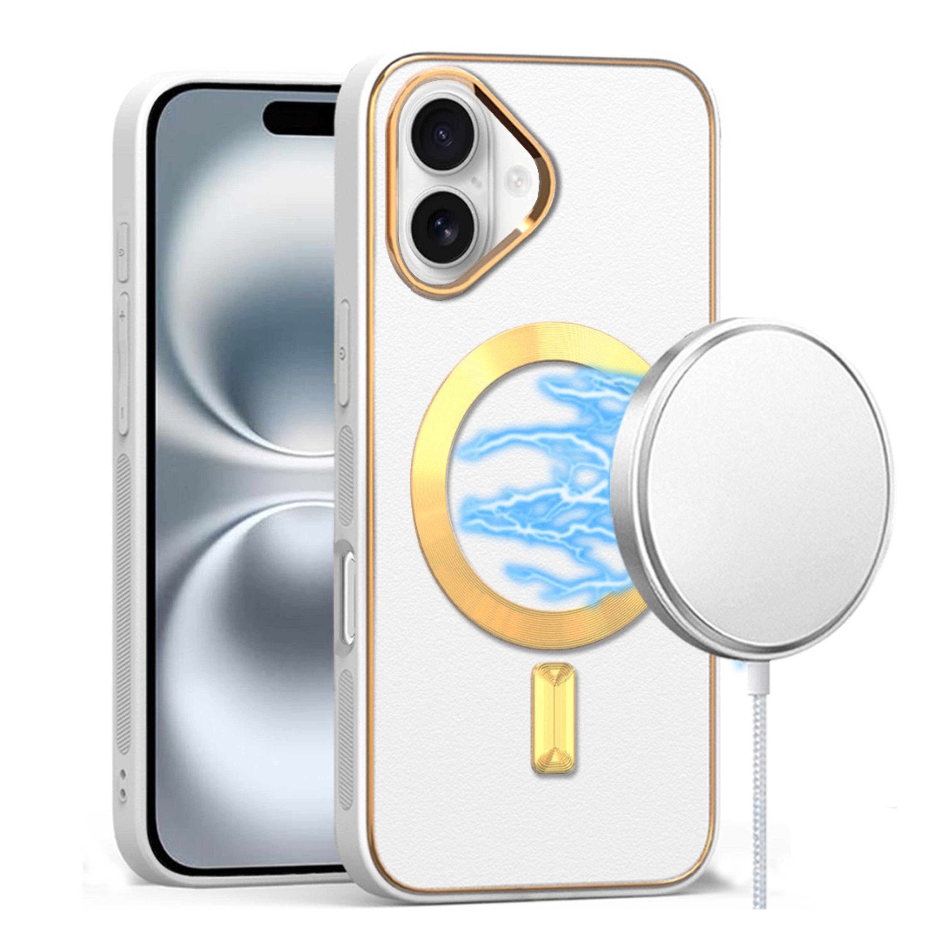 Angle. Kitcheniva - Vegan Leather Cover Magnetic Circle Phone Case With Tempered Glass For iPhone 16 White - White.