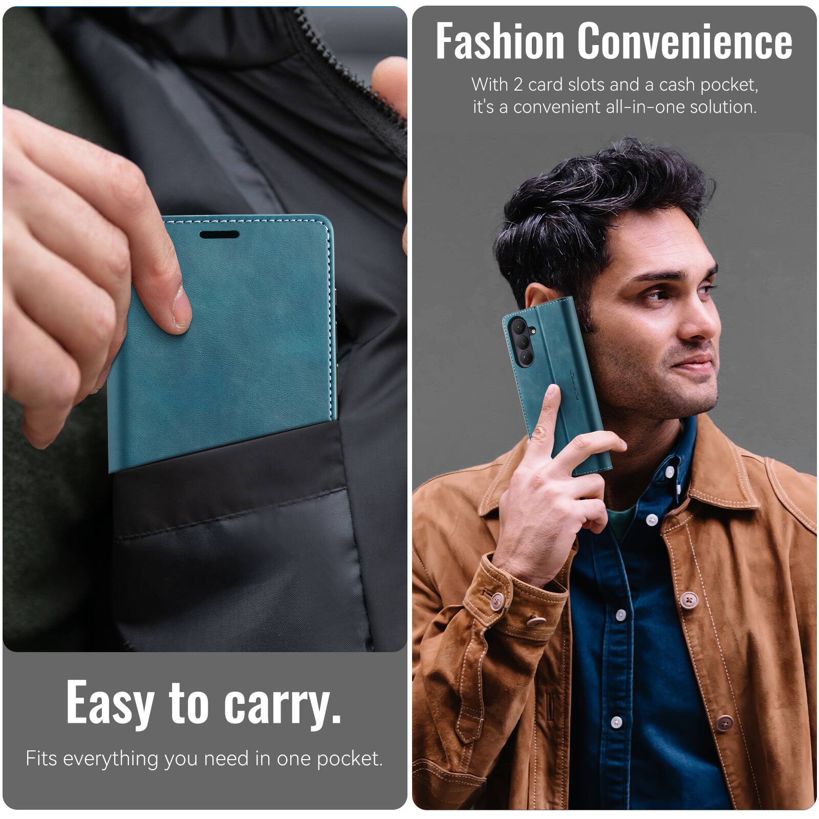 Fashion Convenience

With 2 card slots and a cash pocket, it's a convenient all-in-one solution.

Easy to carry.

Fits everything you need in one pocket.