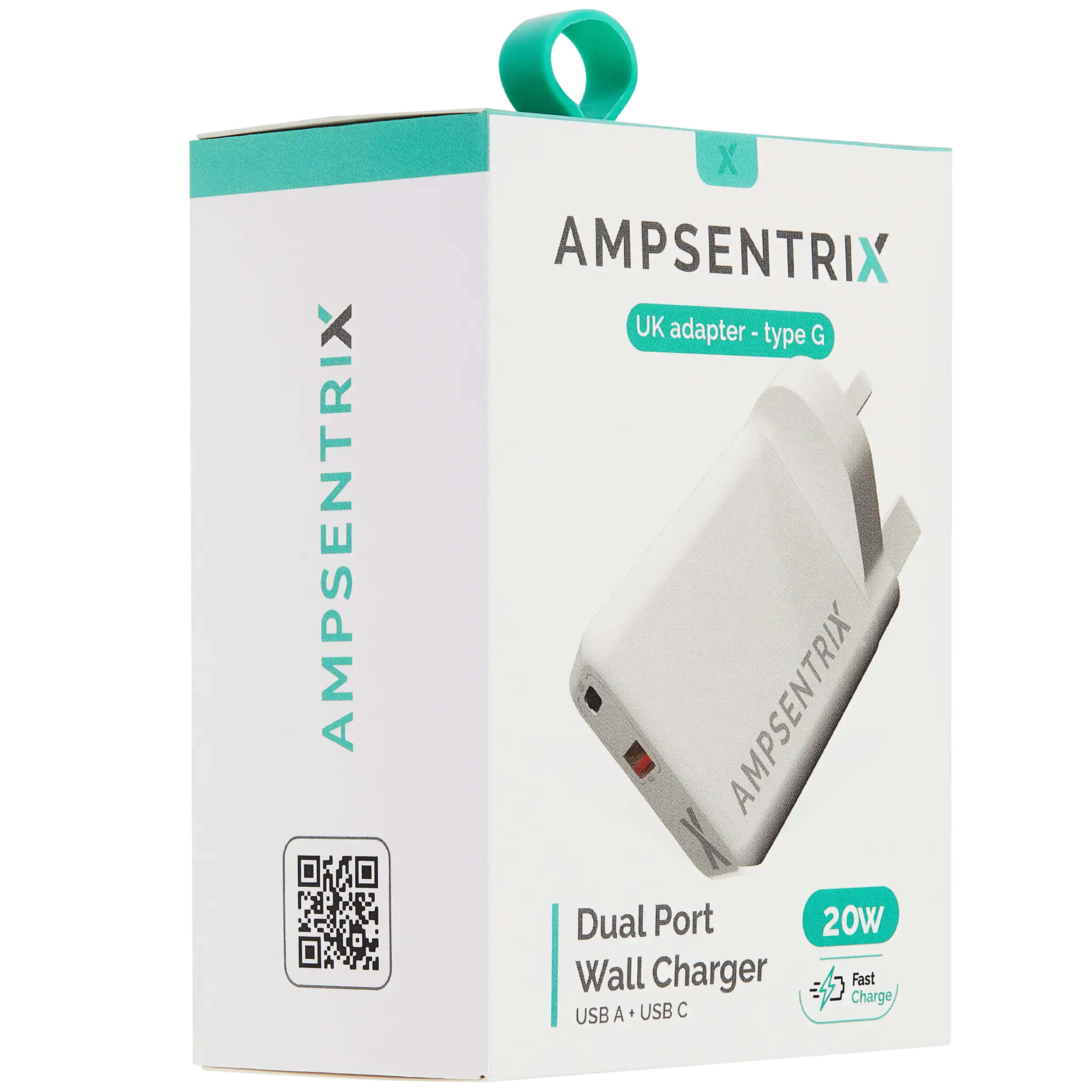 AMPSENTRIX X AMPSENTRIX UK adapter - type G  
AMPSENTRIX Dual Port 20W Wall Charger  
Fast Charge USB A + USB C