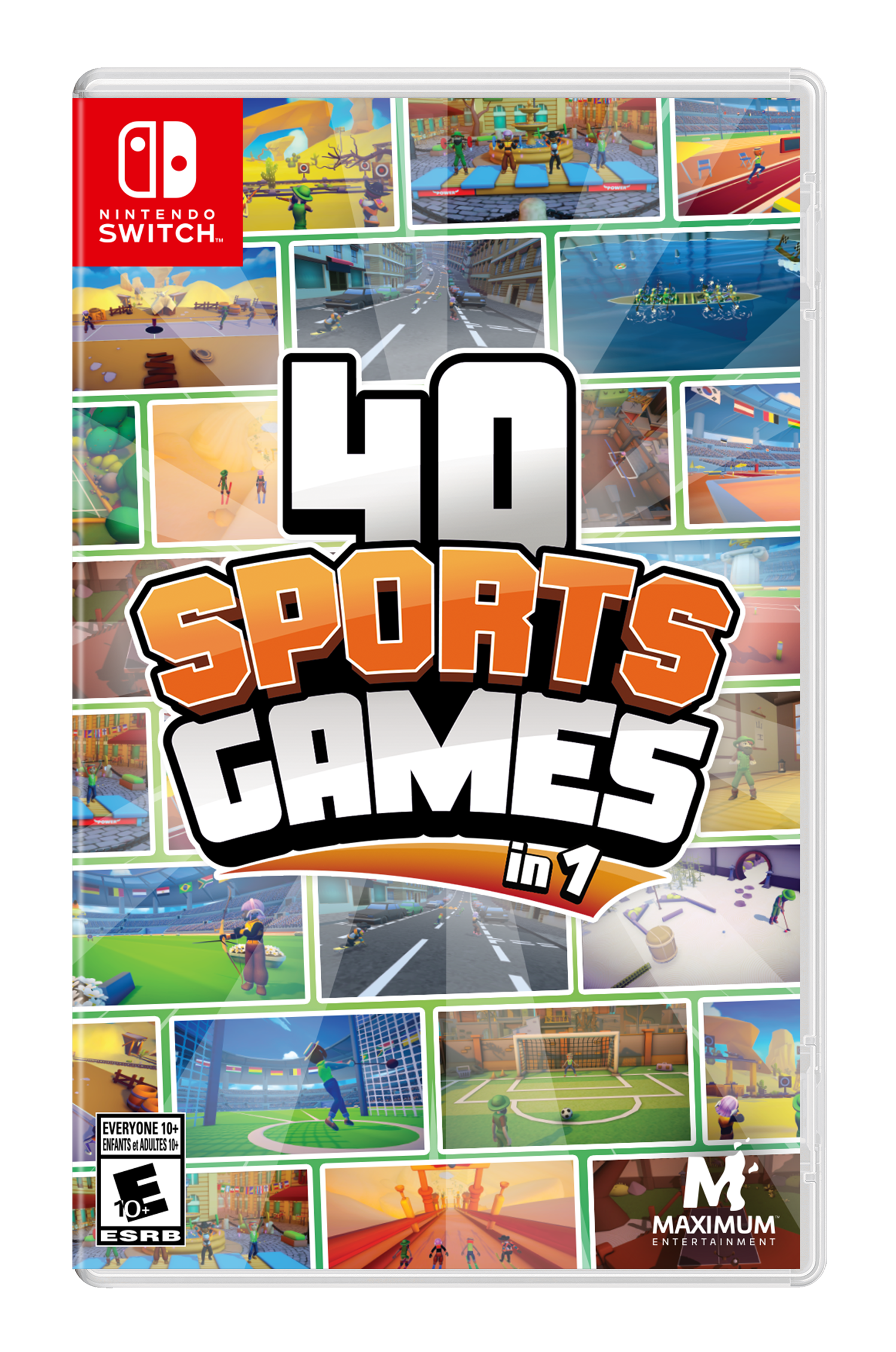 The text on the image reads: "40 SPORTS GAMES in 1 - EVERYONE 10+ - ENFANTS d'ADULTES - ESRB M - MAXIMUM ENTERTAINMENT - NINTENDO SWITCH."