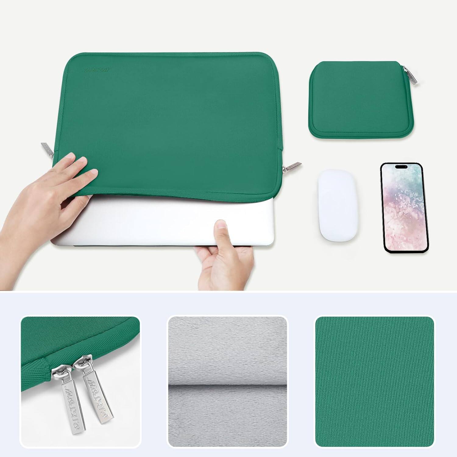 Back. mosiso - 13-13.3 inch Laptop Sleeve Bag for MacBook Air Pro 13 14 HP Dell ASUS Lenovo, Neoprene Computer Sleeve with Small Case - Peacock Green.