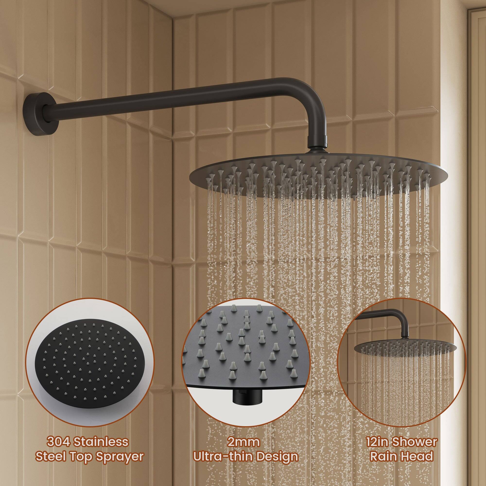 304 Stainless Steel Top Sprayer, 2mm Ultra-thin Design, 12in Shower Rain Head