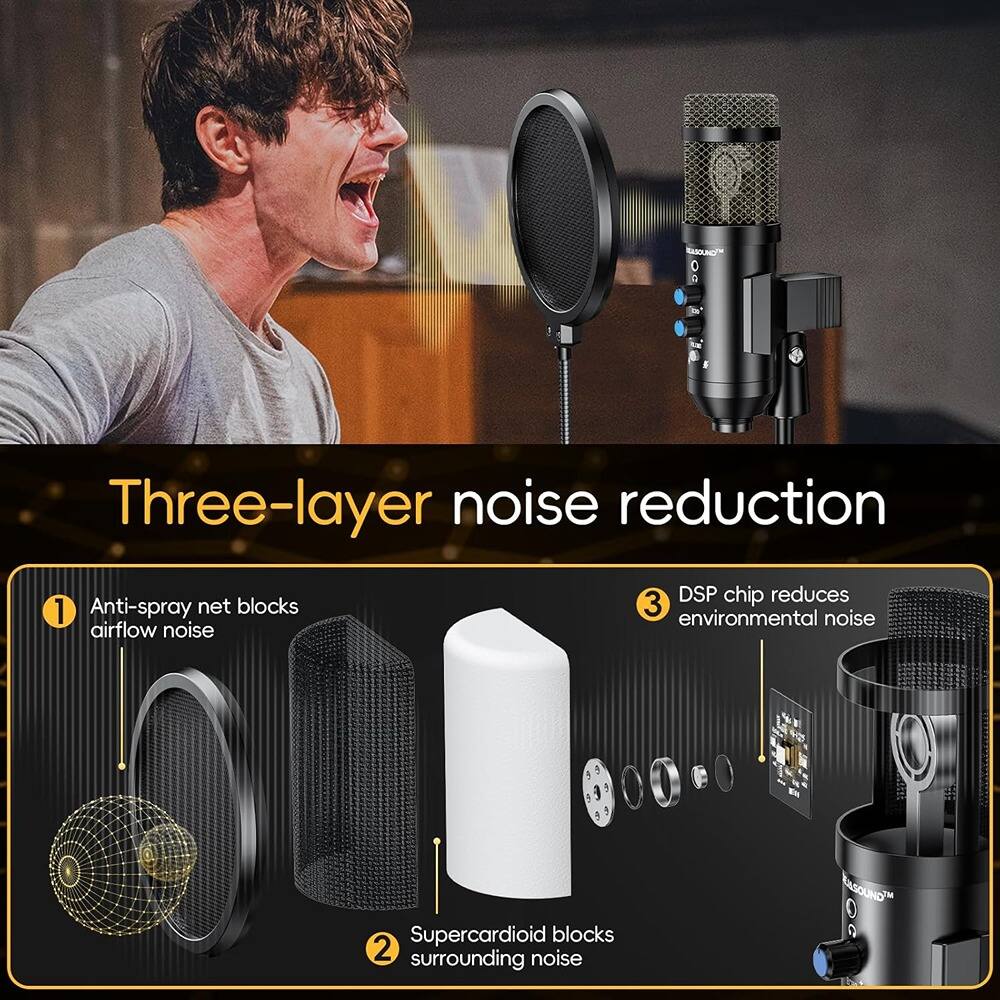 Three-layer noise reduction

1. Anti-spray net blocks airflow noise
2. Supercardioid blocks surrounding noise
3. DSP chip reduces environmental noise