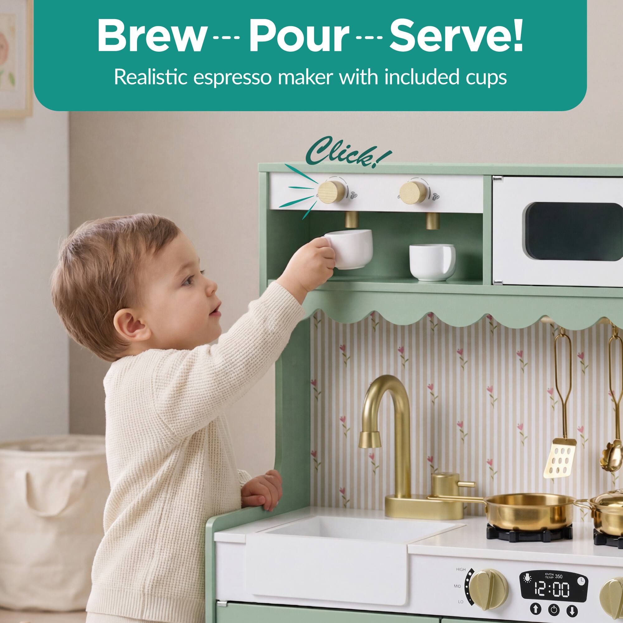 Brew -- Pour -- Serve!  
Realistic espresso maker with included cups  

Click!  

12:00