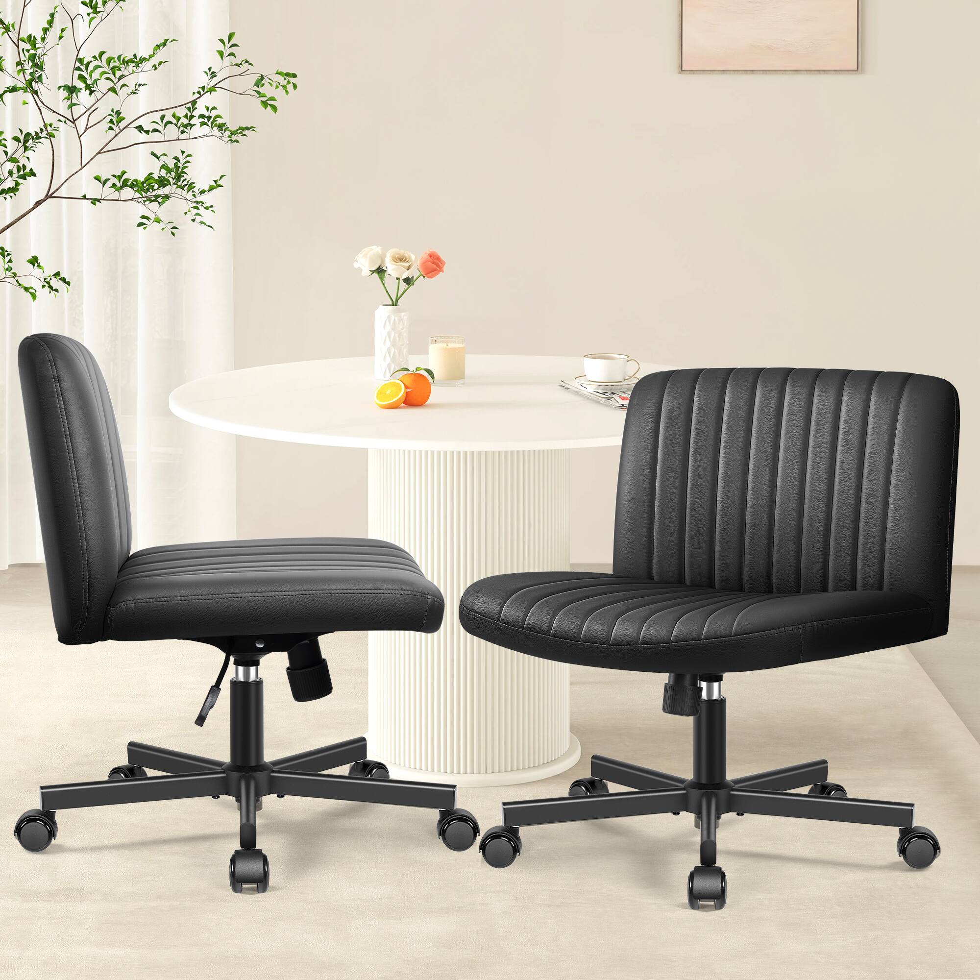 Left. Brick Attic - Armless Office Chair with Wheels, Wide Seat PU Leather Swivel Cross Legged Desk Chair, Height Adjustable for Home Office - Black.