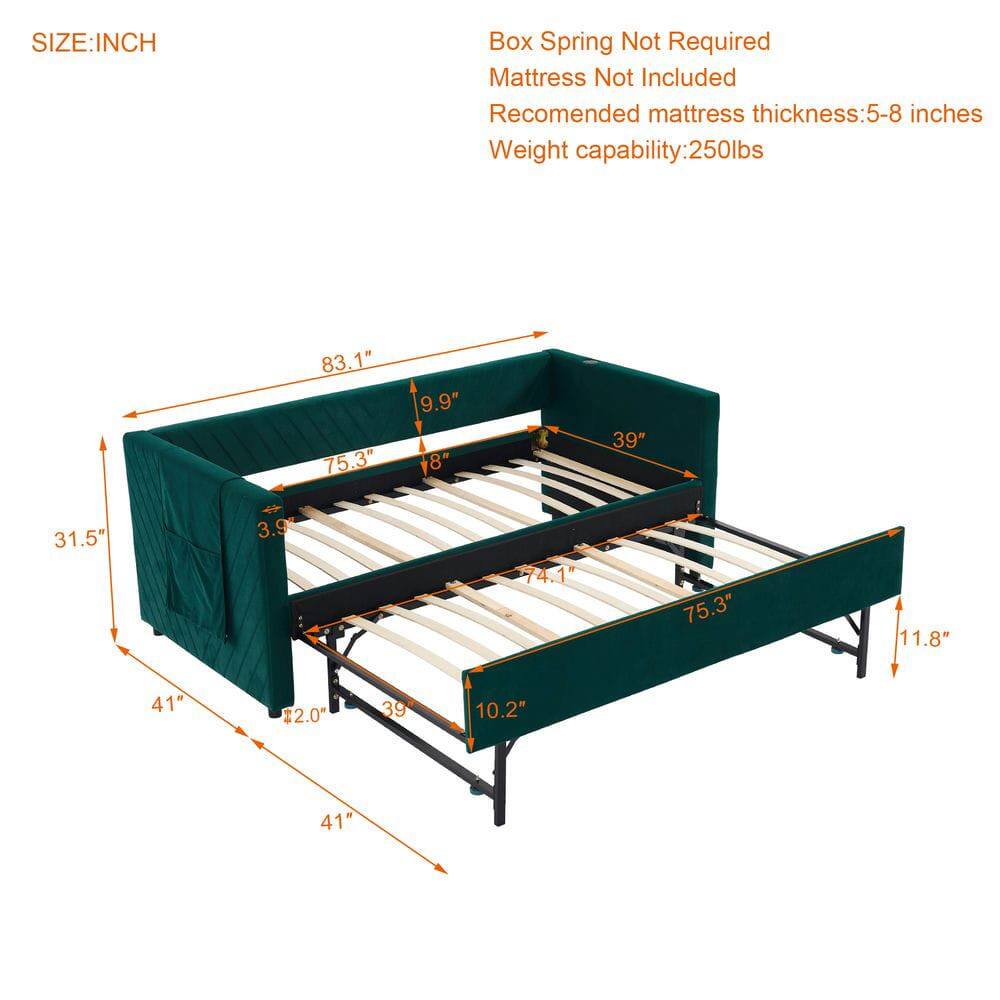 SIZE: INCH  
Box Spring Not Required  
Mattress Not Included  
Recommended mattress thickness: 5-8 inches  
Weight capability: 250lbs  

83.1"  
75.3"  
9.9"  
8"  
39"  
31.5"  
3.9"  
74.1"  
75.3"  
11.8"  
41"  
2.0"  
39"  
10.2"  
41"