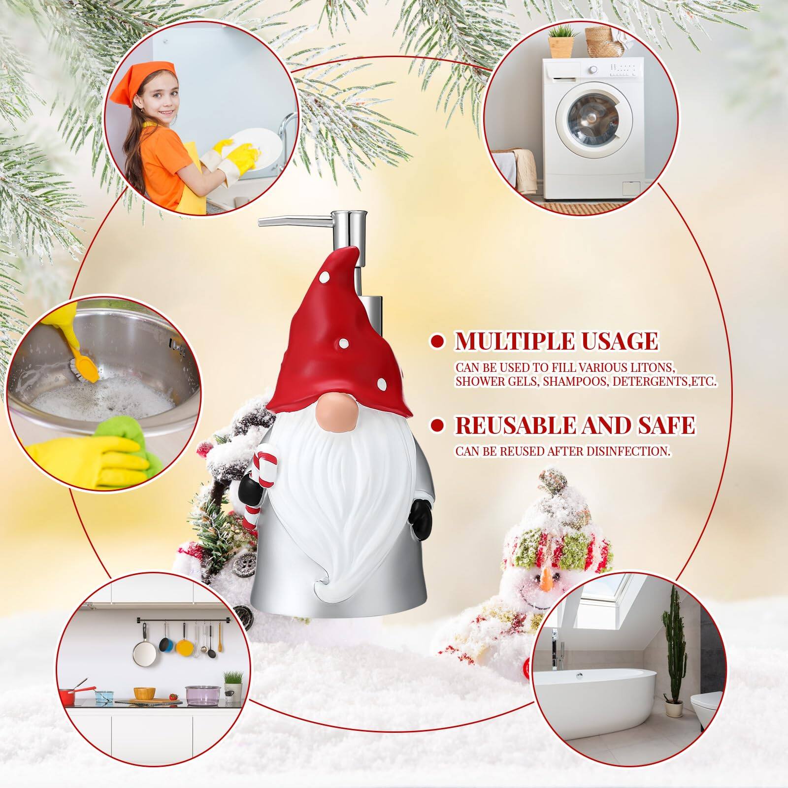 MULTIPLE USAGE  
CAN BE USED TO FILL VARIOUS LITONS, SHOWER GELS, SHAMPOOS, DETERGENTS, ETC.

REUSABLE AND SAFE  
CAN BE REUSED AFTER DISINFECTION.