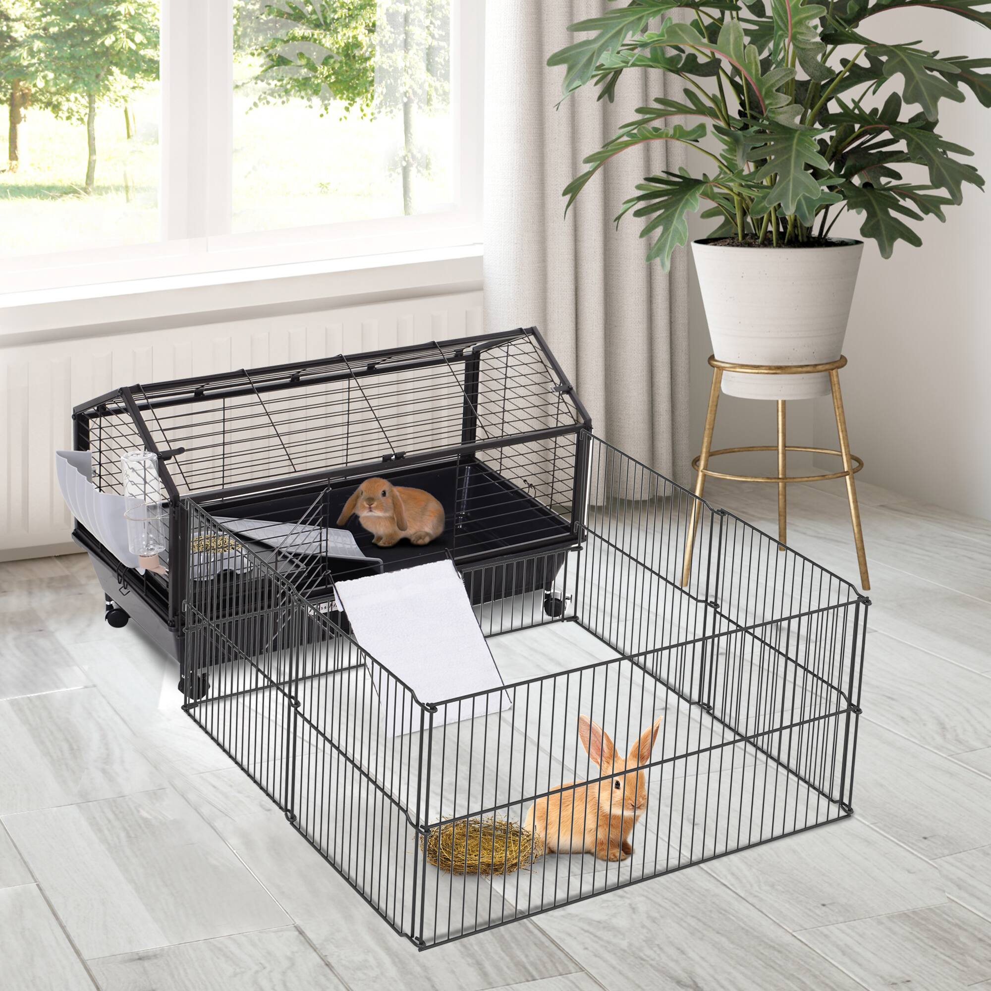 Angle. Pawhut - Small Animal Cage with Foldable Run Area, Guinea Pig Cage, Hedgehog Cage with Water Bottle, Water Bowl, Ramps.