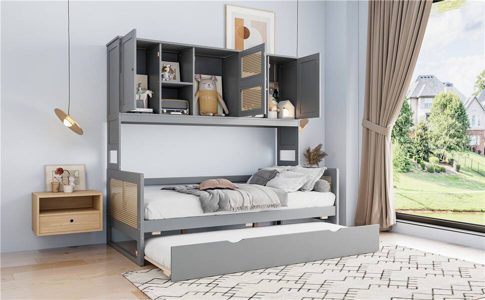 Back. Tiramisubest - Twin Size Wooden Daybed With Twin Size Trundle, and All-in-One Cabinet and Shelf, Gray - Gray.