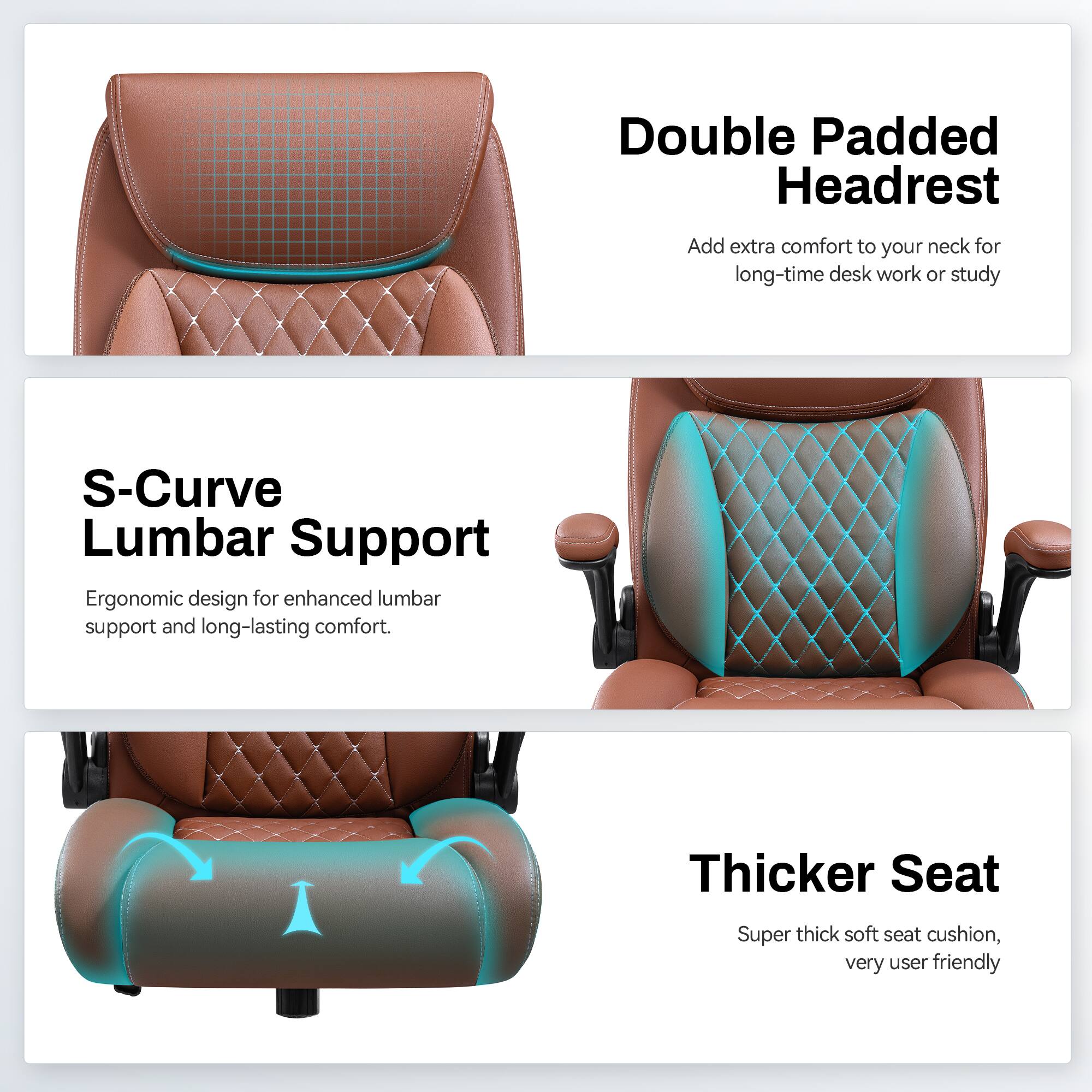 - Double Padded Headrest: Add extra comfort to your neck for long-time desk work or study
- S-Curve Lumbar Support: Ergonomic design for enhanced lumbar support and long-lasting comfort
- Thicker Seat: Super thick soft seat cushion, very user friendly