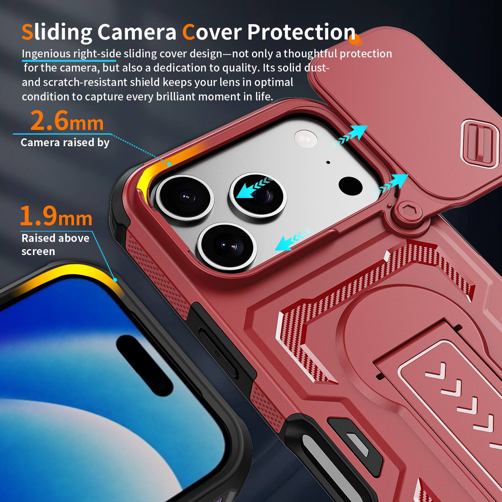 Sliding Camera Cover Protection

Ingenious right-side sliding cover design—not only a thoughtful protection for the camera, but also a dedication to quality. Its solid dust- and scratch-resistant shield keeps your lens in optimal condition to capture every brilliant moment in life.

2.6mm Camera raised by 1.9mm

Raised above screen