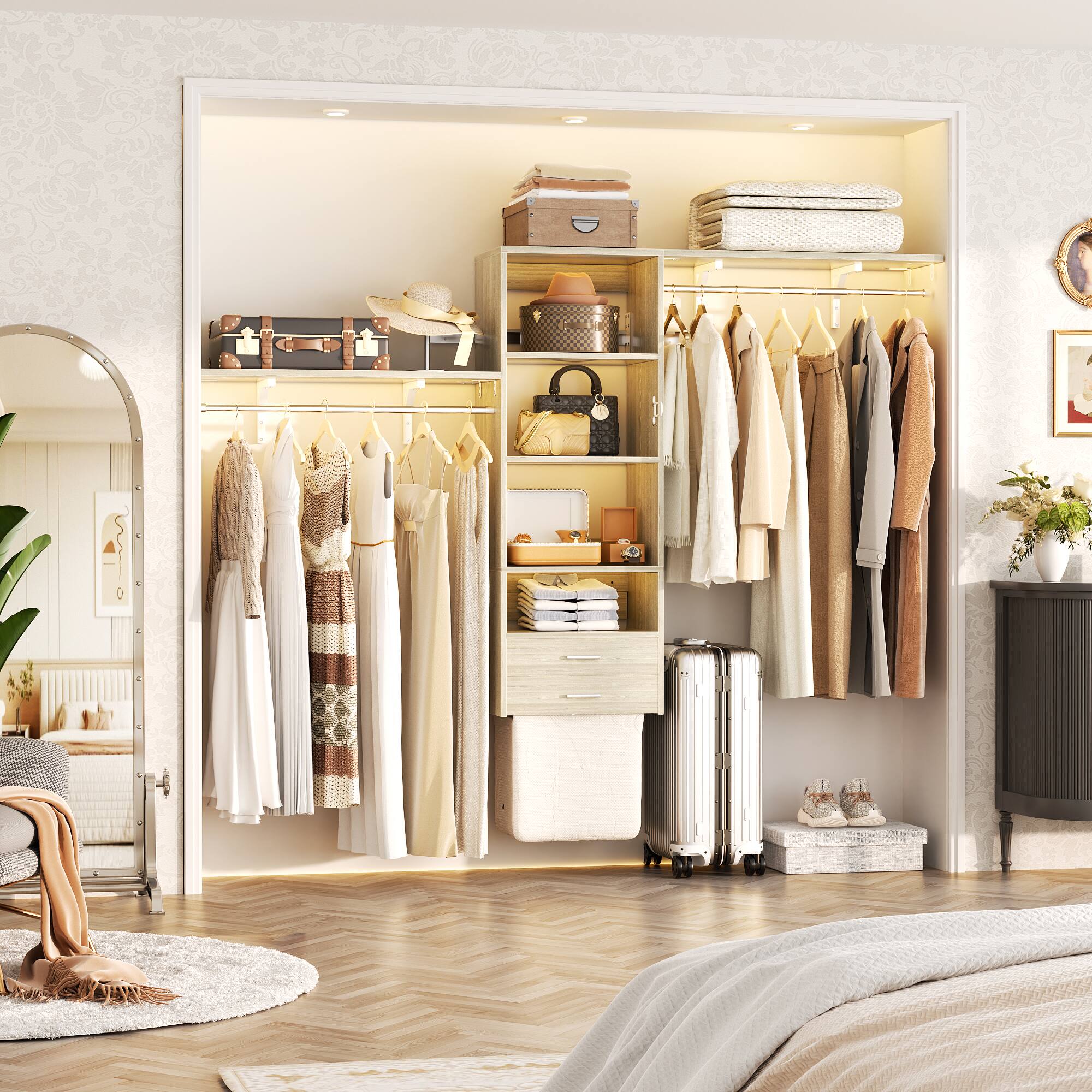 Angle. Aheaplus - 96'' Wall-Mounted Laundry Organizer Cabinet with Drawer, Hanging Rods, and Drawer-Style Laundry Basket - Beige Oak.