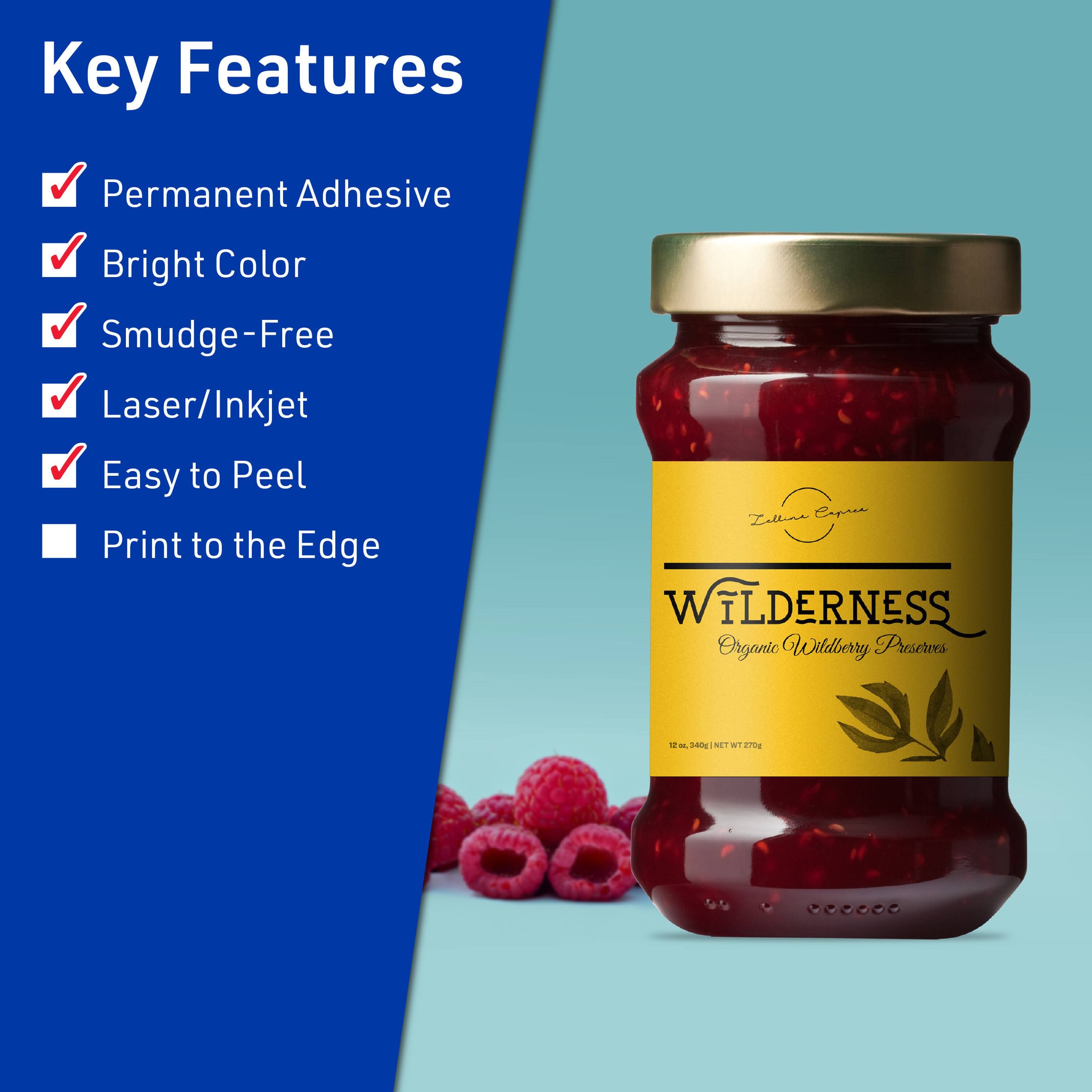 Key Features  
Permanent Adhesive  
Bright Color  
Smudge-Free  
Laser/Inkjet  
Easy to Peel  
Print to the Edge  

Zalline Caprer  
WILDERNESS  
Organic Wildberry Preserves  
12 oz (340g) NET WT 370g