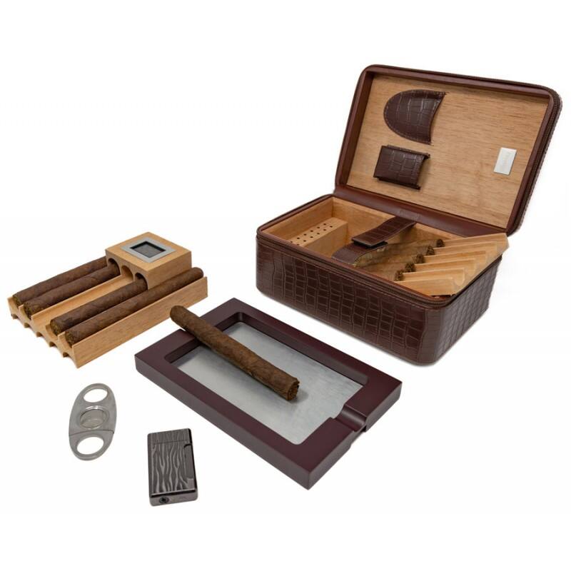 Back. Prestige - Manhattan XL Travel Humidor (Brown) - Brown Crocodile Pattern Leather.