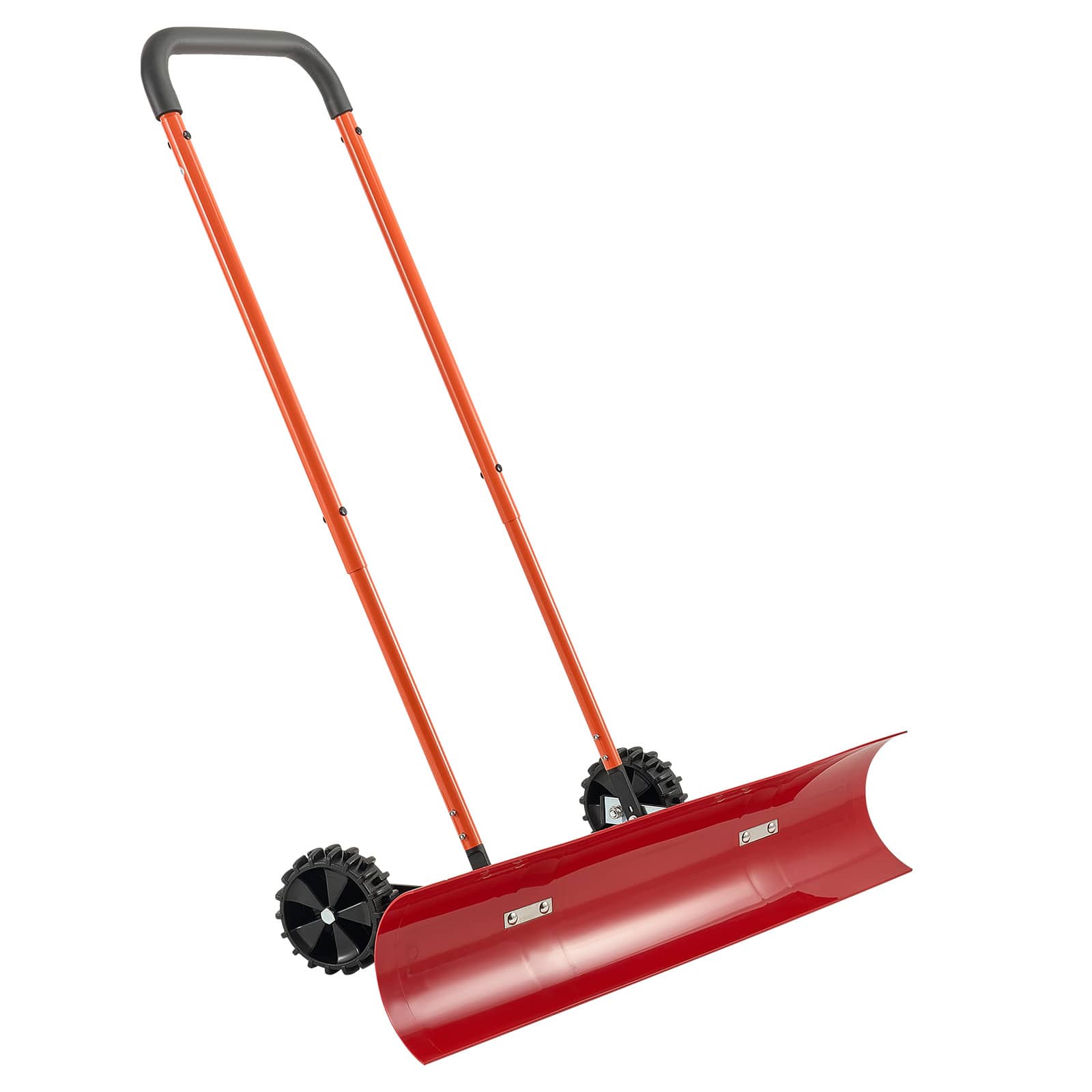 Front. VEVOR - Snow Pusher Shovel with Wheels, 37.8 in Wheeled Snowplow Shovel with Bi-Directional Angled Blade & 90° Adjustable Handle - Red, orange, black.