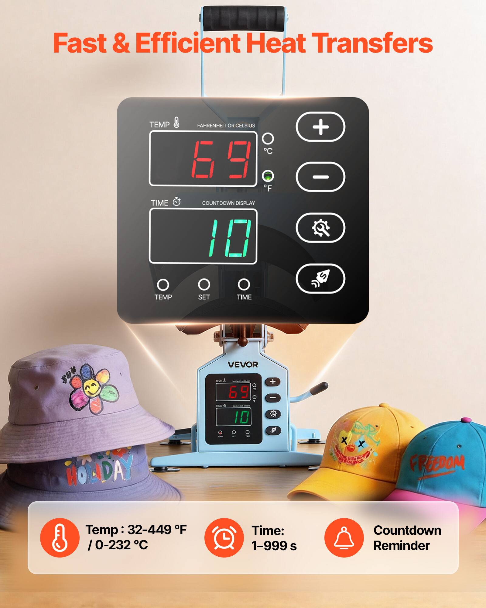 Fast & Efficient Heat Transfers

TEMP FAHRENHEIT OR CELSIUS
69 283 F
TIME COUNTDOWN DISPLAY 10

+ -
TEMP
SET
TIME
VEVOR
mod I OP 69 ma 10
+ - @

Temp: 32-449 F / 0-232 C
Time: 1-999 S
Countdown Reminder