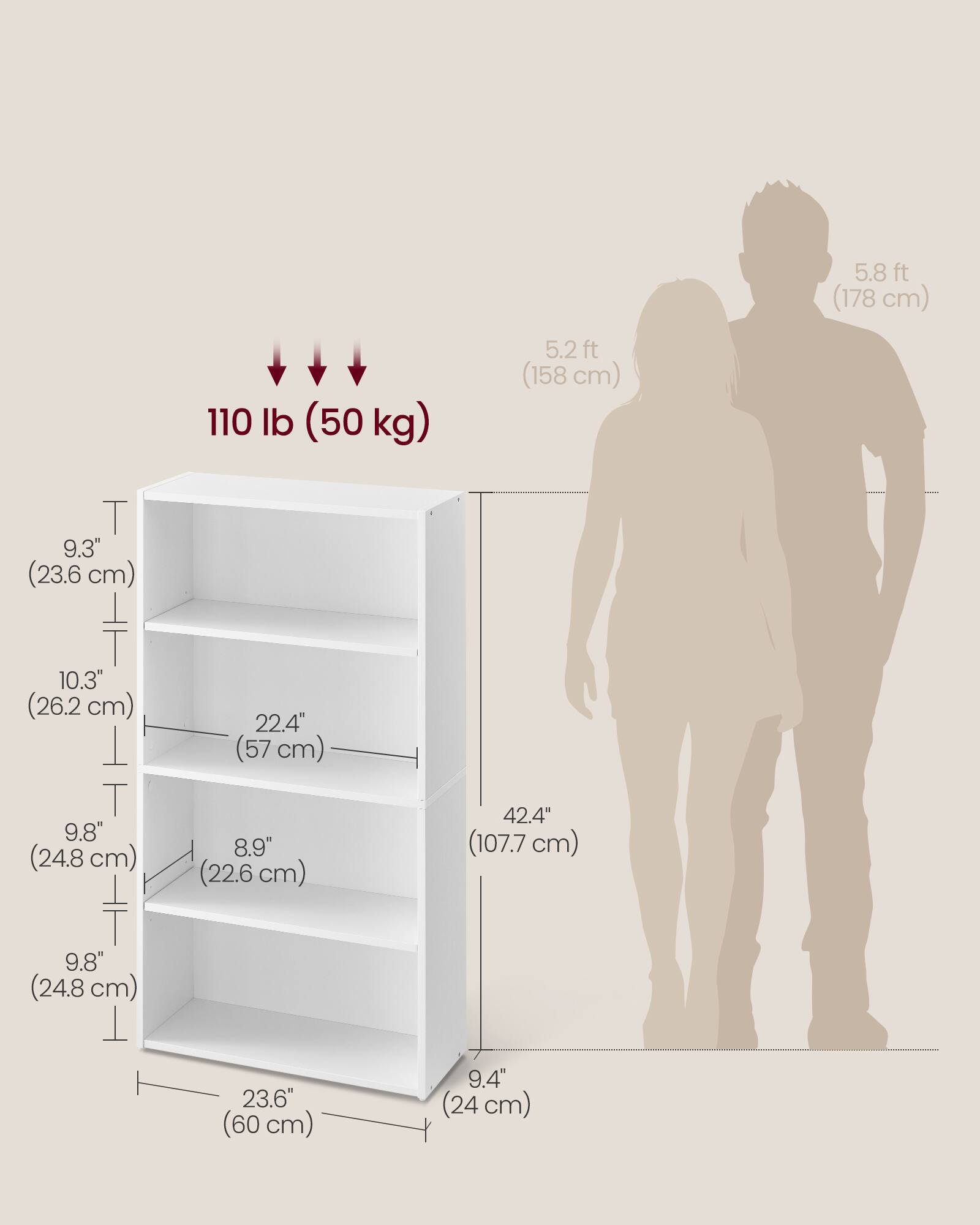 5.8 ft (178 cm)  
110 lb (50 kg)  
5.2 ft (158 cm)  

9.3" (23.6 cm)  
10.3" (26.2 cm)  
22.4" (57 cm)  
9.8" (24.8 cm)  
8.9" (22.6 cm)  
42.4" (107.7 cm)  
9.8" (24.8 cm)  
23.6" (60 cm)  
9.4" (24 cm)