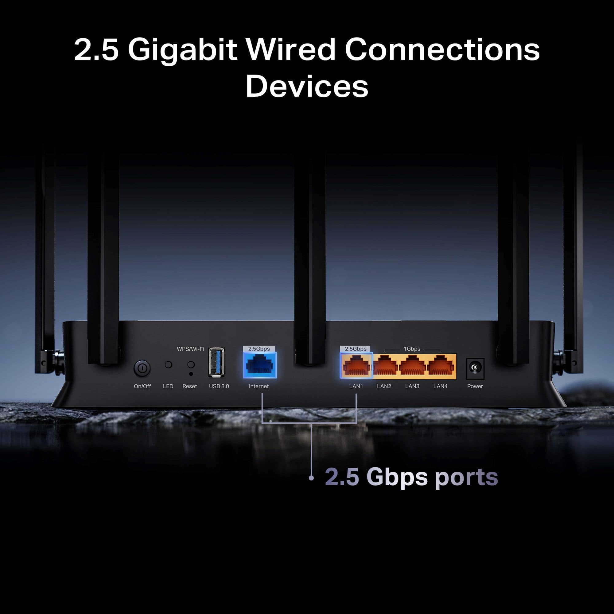 2.5 Gigabit Wired Connections Devices: 2.5Gbps 2.5Gbps 1Gbps DiVOM LED Reset USH 3.0 Internet LAN LAN2 LANS LANE Power 2.5 Gbps ports.