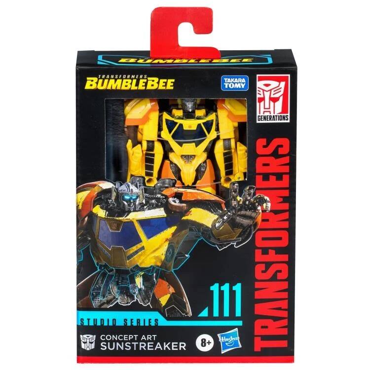 Sure, here is the corrected and grouped text from the image:

- **BUMBLEBEE**
- **TRANSFORMERS**
- **TAKARA TOMY**
- **GENERATIONS**
- **STUDIO SERIES**
- **CONCEPT ART**
- **SUNSTREAKER**
- **111**
- **8+**
- **Hasbro**