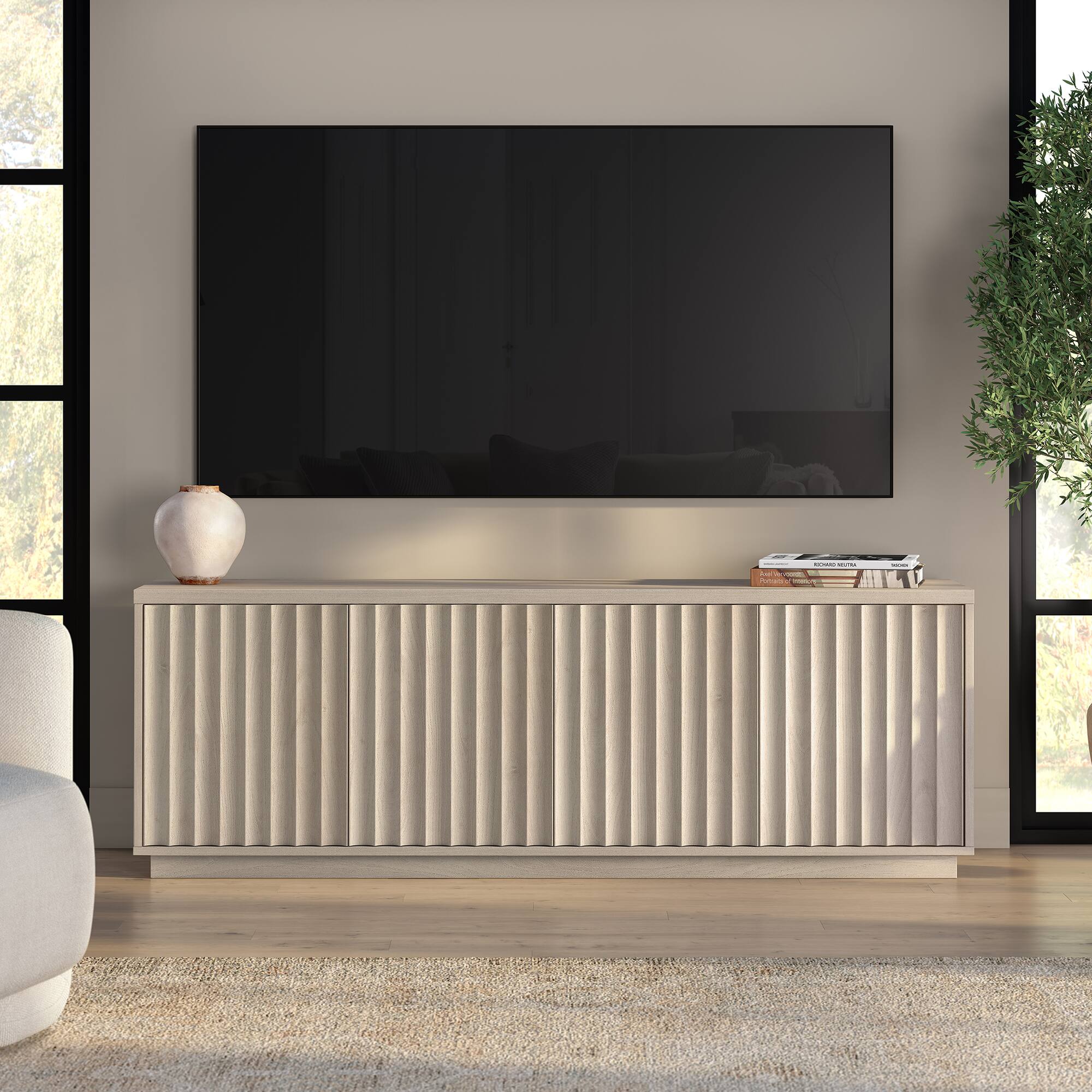 Alt View 2. Hudson&Canal - Bourne Rectangular Fluted TV Stand for TV's up to 75" in Alder White - Alder White.