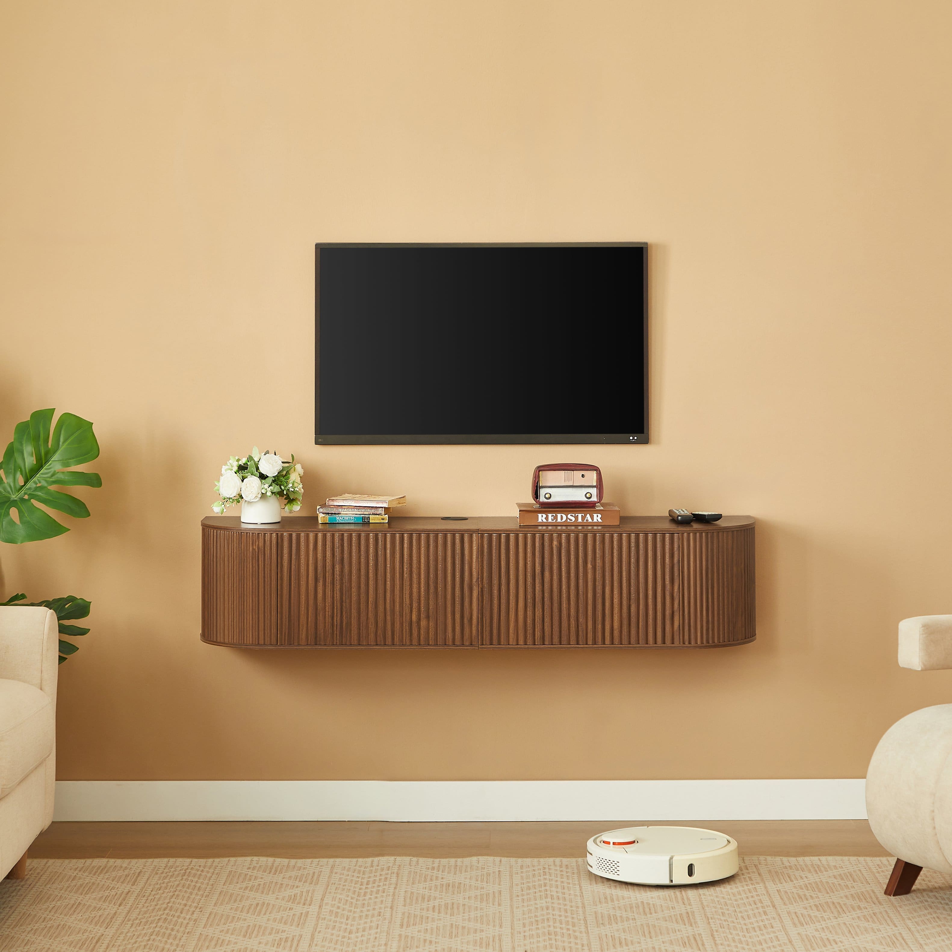 "Anysun - 55"" Wall Mounted Floating TV Cabinet with Fluted Doors, Large Media Console, Cable Management for Living Room/Bedroom - Brown" price history on PriceWatchPro