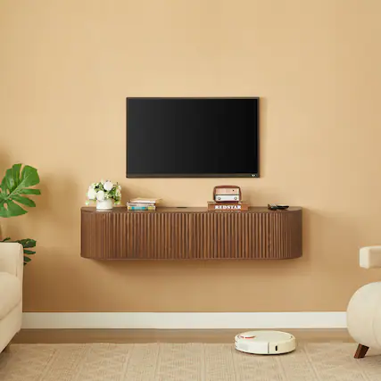 Front. Anysun - 55" Wall Mounted Floating TV Cabinet with Fluted Doors, Large Media Console, Cable Management for Living Room/Bedroom - Brown.