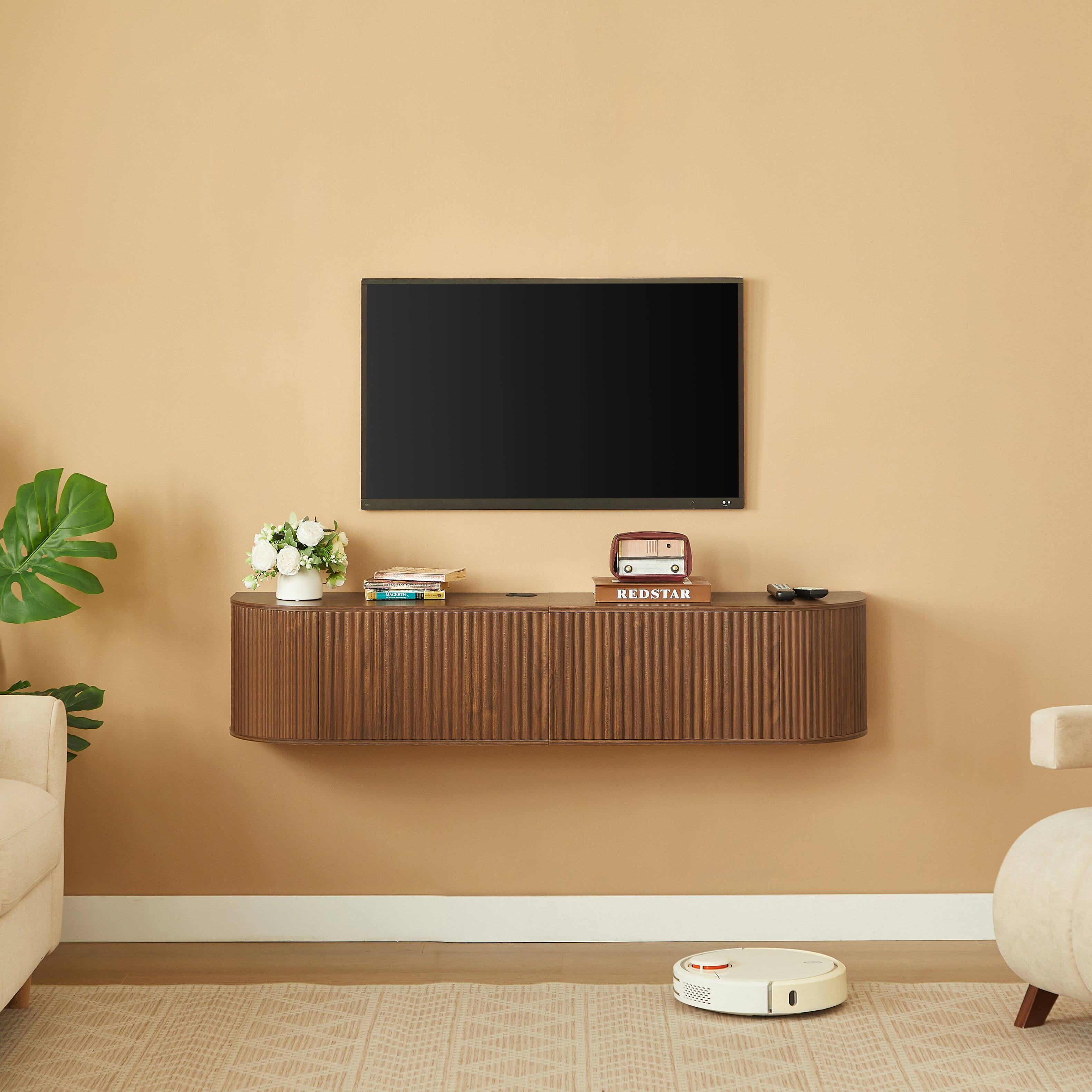 Front. Anysun - 55" Wall Mounted Floating TV Cabinet with Fluted Doors, Large Media Console, Cable Management for Living Room/Bedroom - Brown.