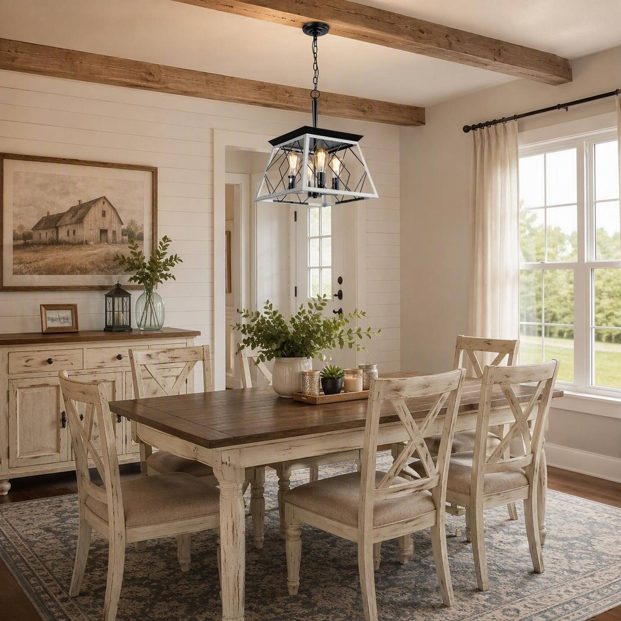 Angle. RYHNUYNE - 4-Light Farmhouse Dining Room Chandelier, Square Iron Cage Oak White ORB Finish 39.37 In Adjustable Chain - White.
