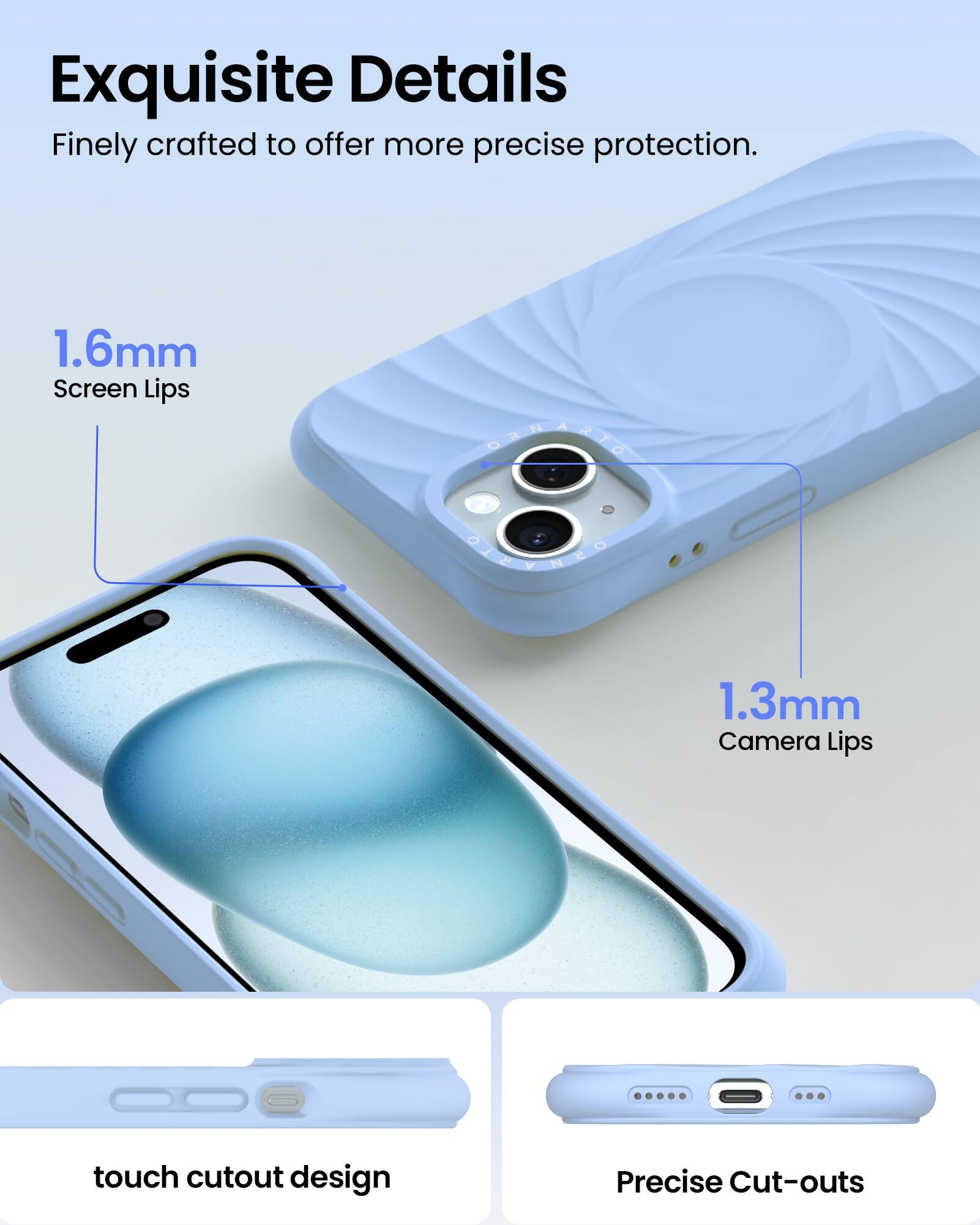 Exquisite Details Finely crafted to offer more precise protection. 1.6mm Screen Lips 1.3mm Camera Lips touch cutout design Precise Cut-outs